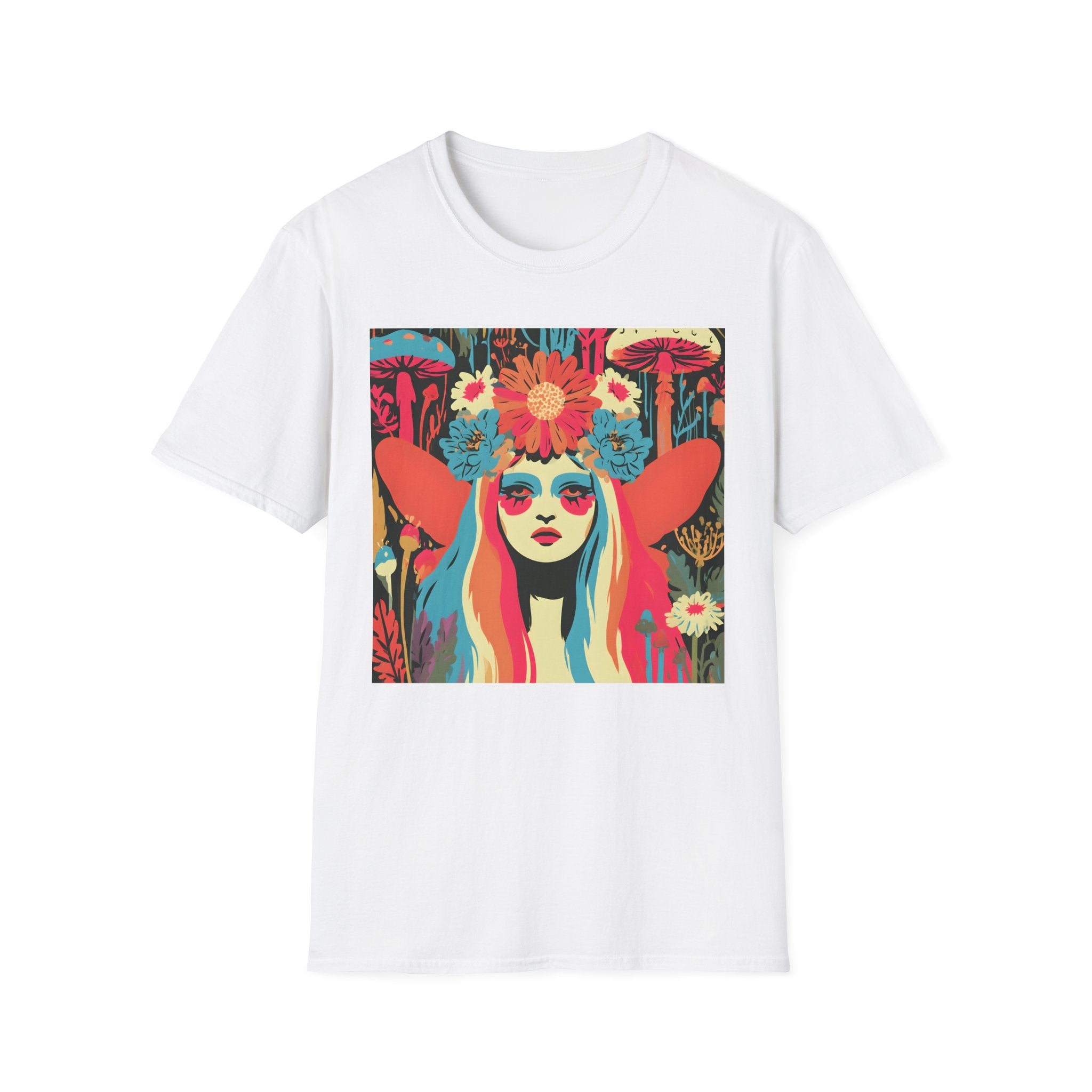 Flower Crown Psychedelic Fairy Girl T-Shirt | Retro Mushroom Art, Boho Portrait