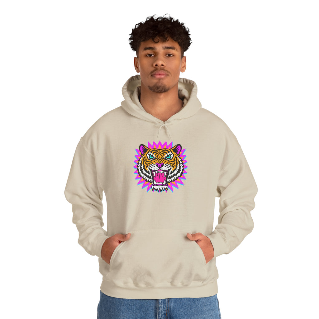 Neon Roaring Tiger Hoodie — Retro Vibrant Tiger Head Graphic
