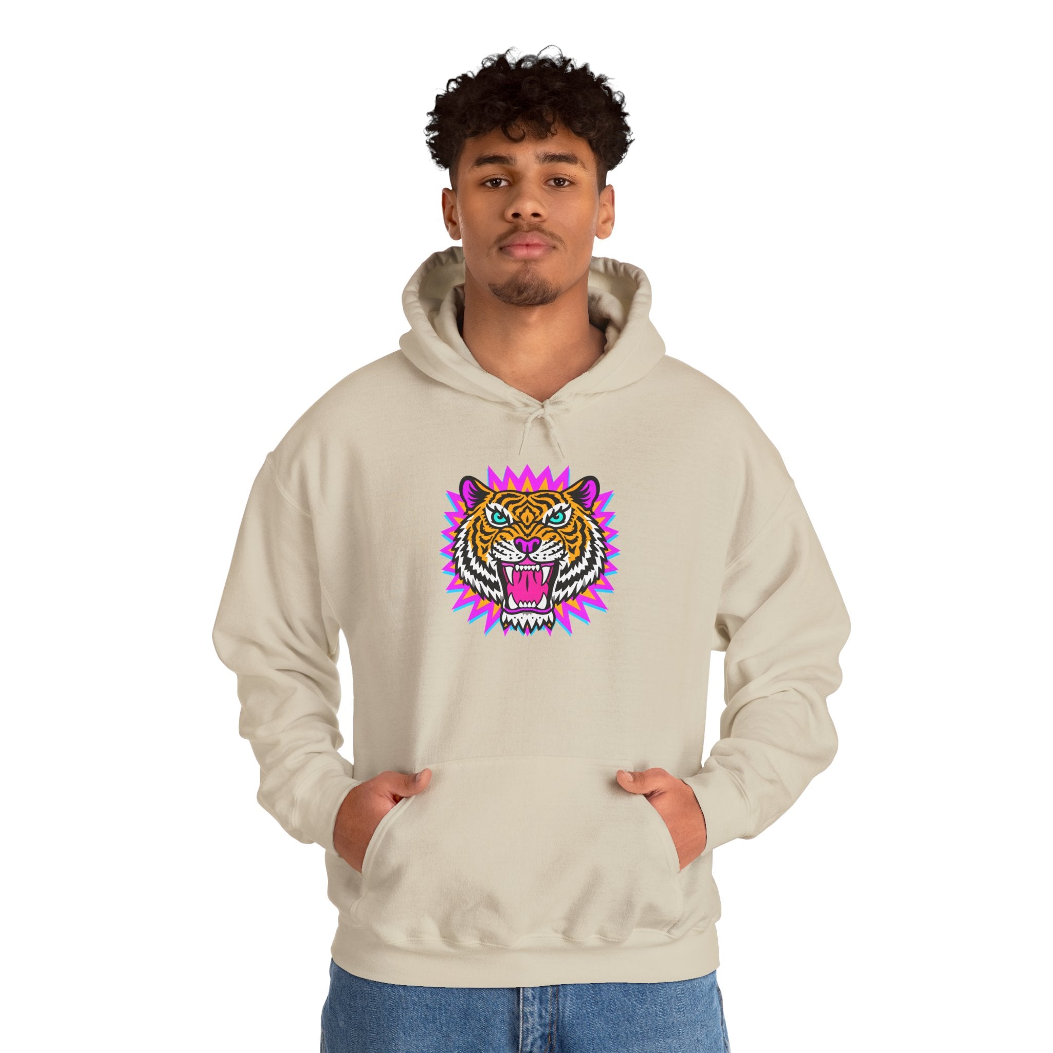 Neon Roaring Tiger Hoodie — Retro Vibrant Tiger Head Graphic
