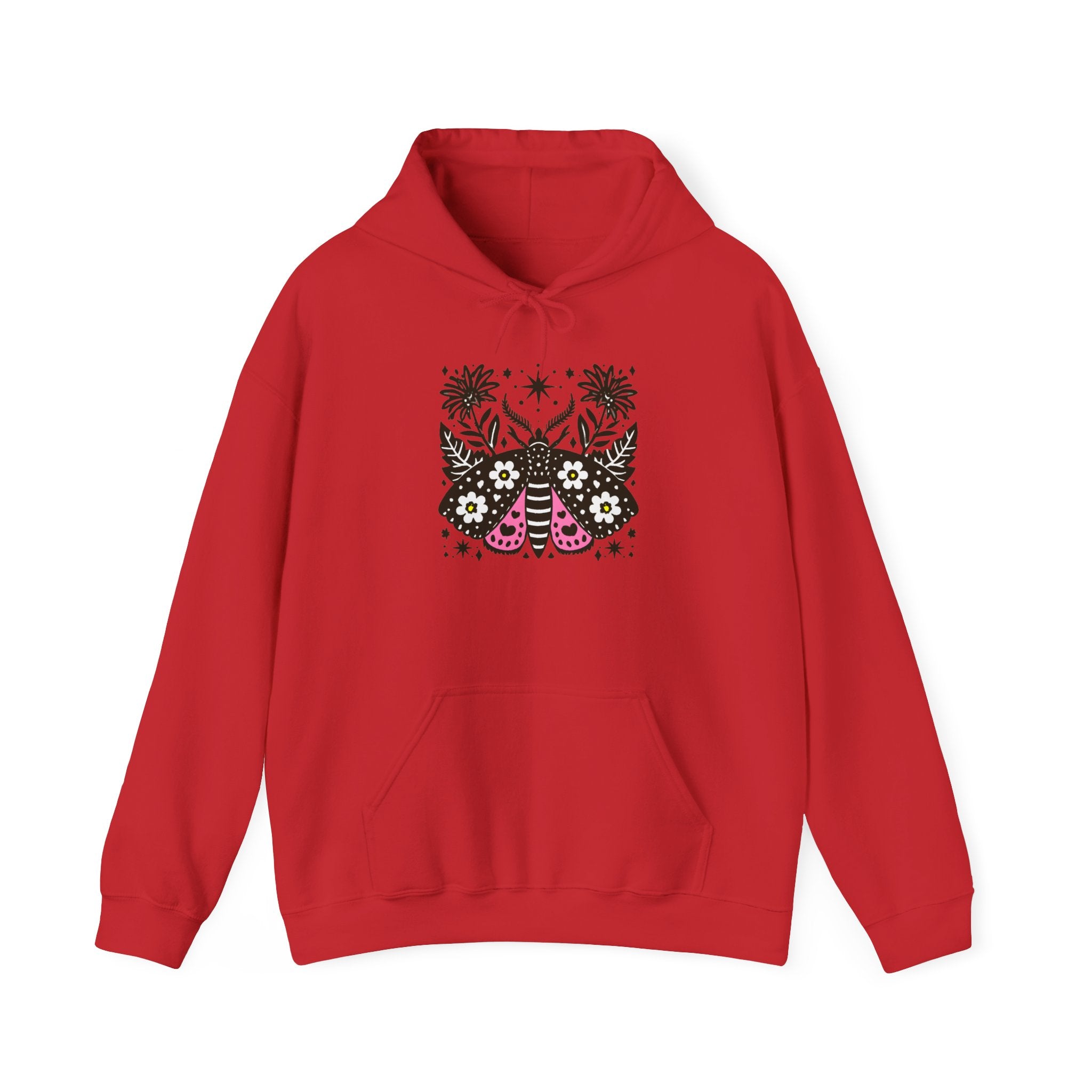 Retro Floral Moth Hoodie — Boho Night Garden Sweatshirt