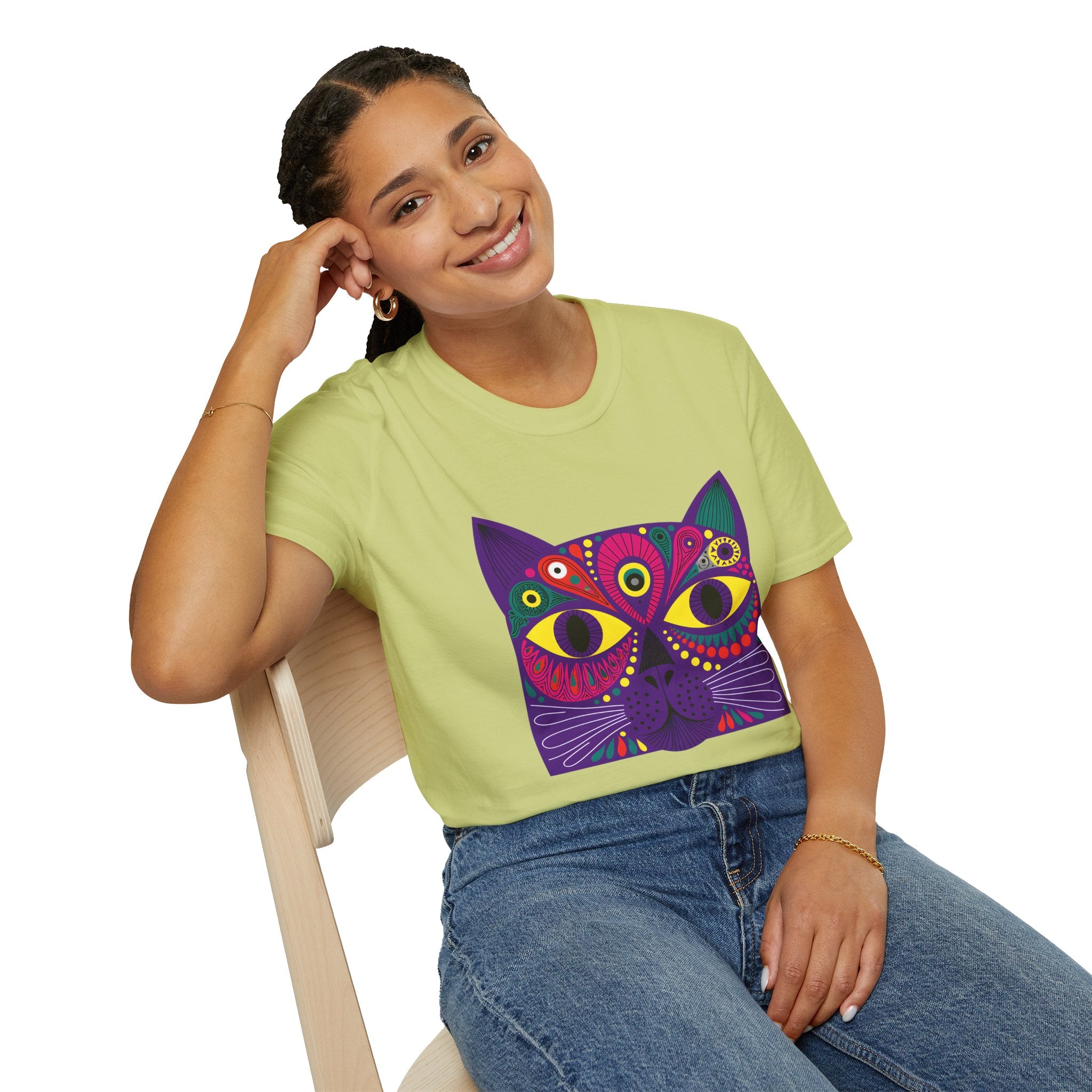 Psychedelic Colorful Cat Face T-Shirt | Vibrant Boho Cat Tee