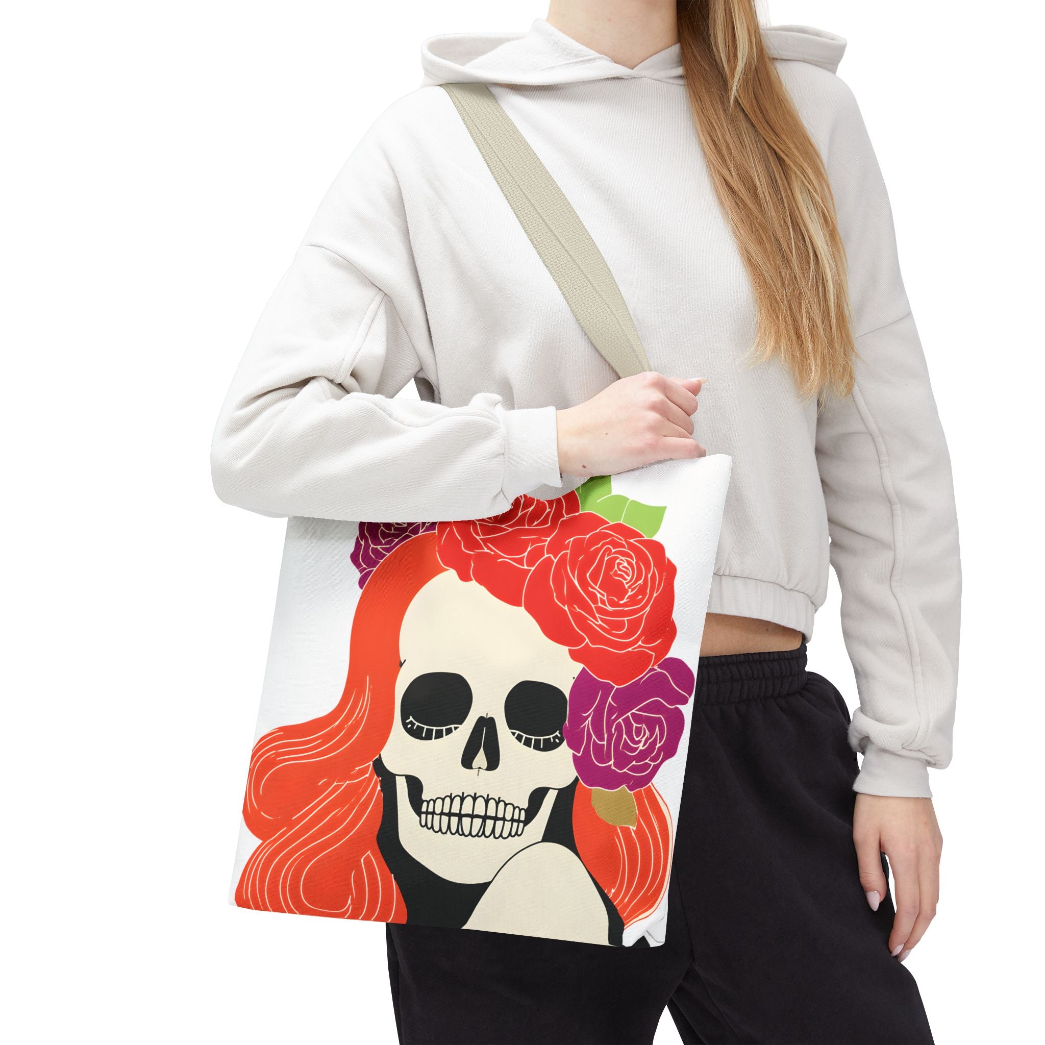 Floral Skull with Red Hair Tote Bag | Day of the Dead Illustration