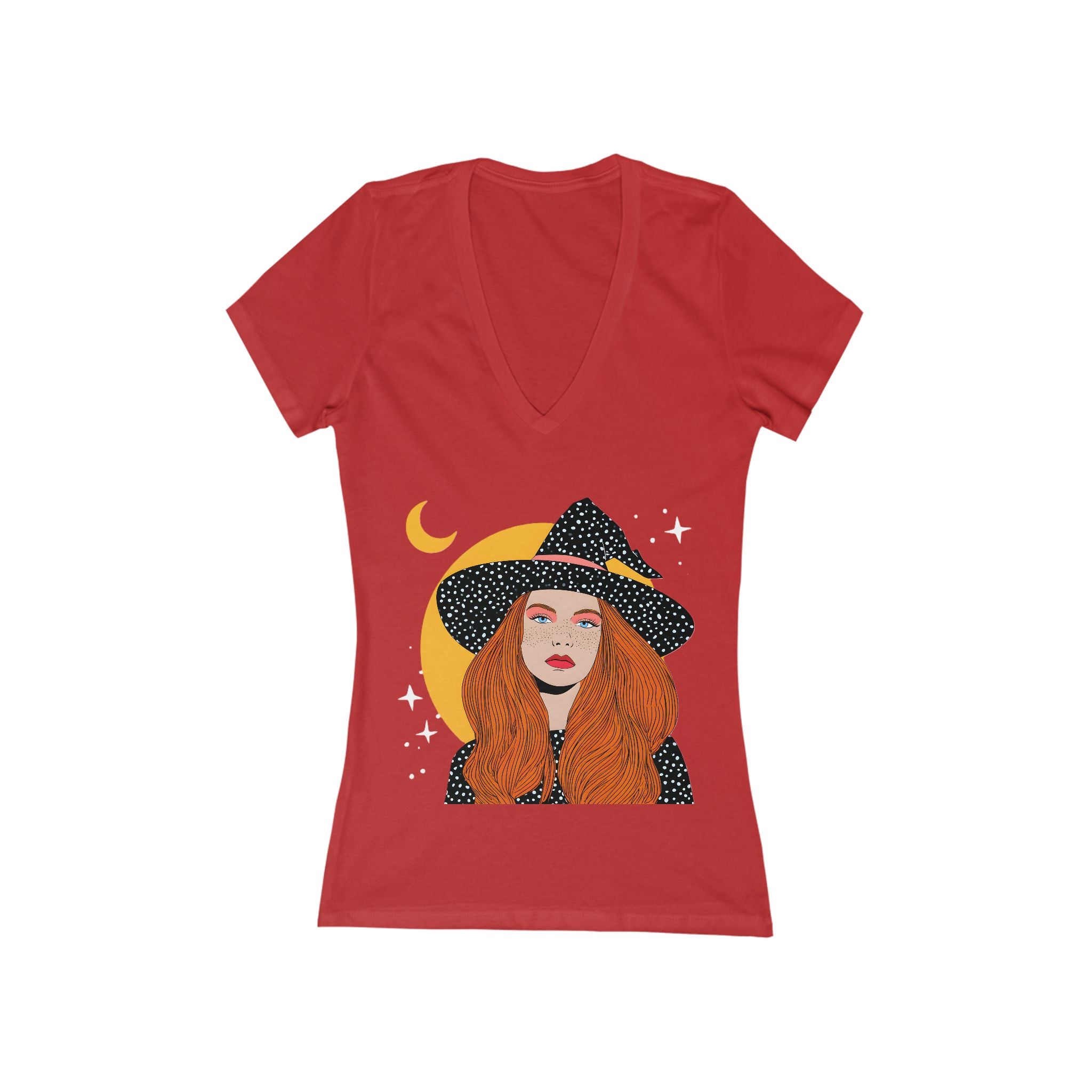 Redhead Witch Illustration Tee | Crescent Moon, Stars V-Neck Shirt