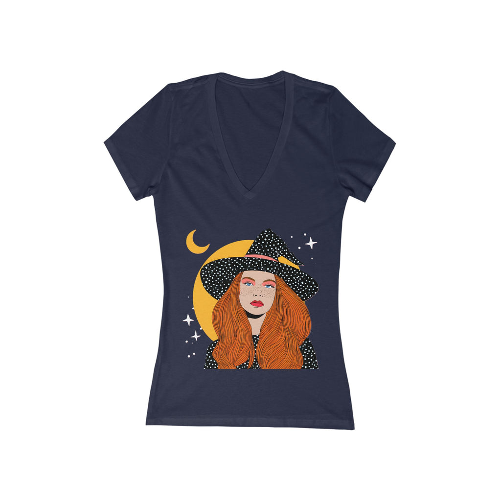 Redhead Witch Illustration Tee | Crescent Moon, Stars V-Neck Shirt