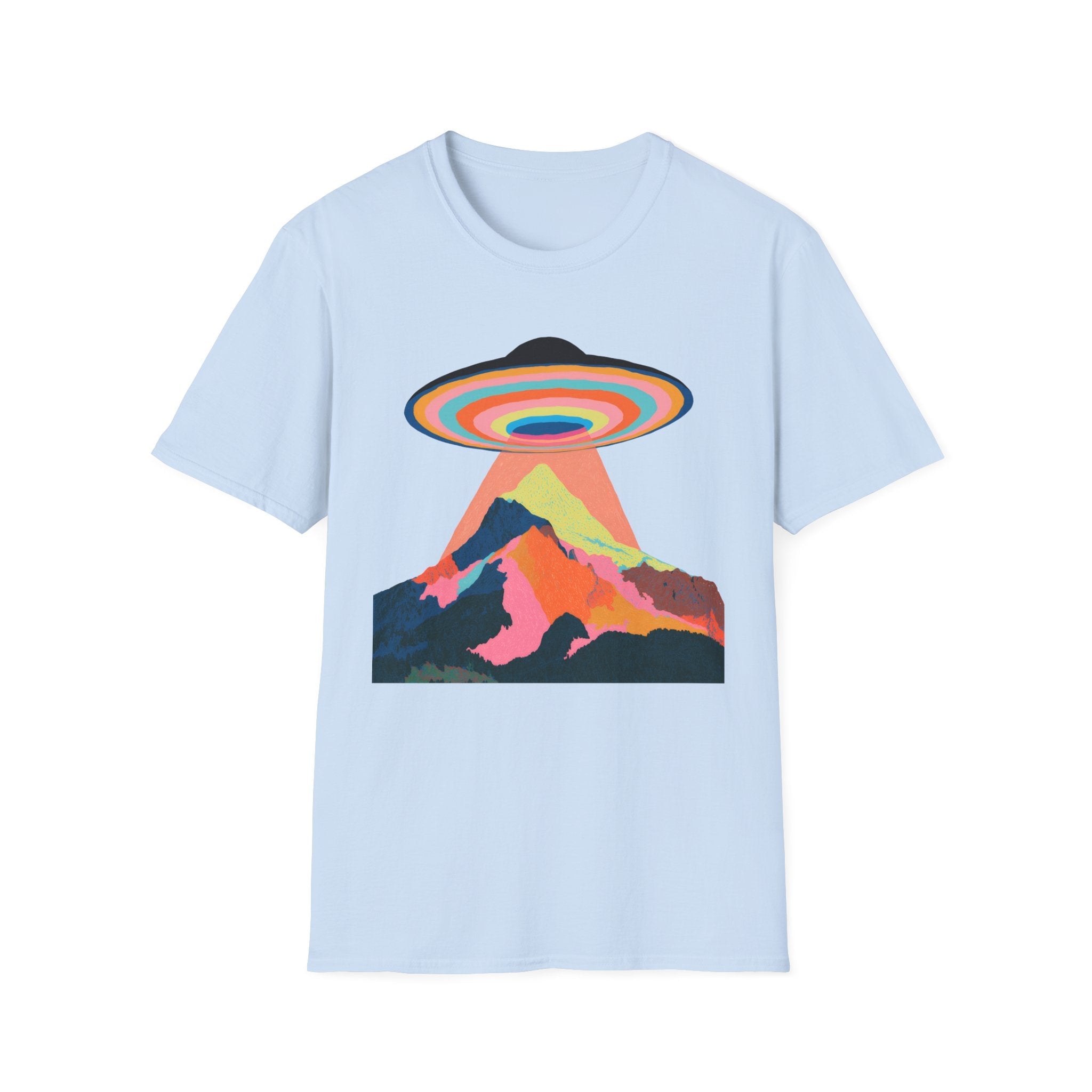 Psychedelic UFO Mountain T-Shirt — Retro Rainbow Alien Abduction Tee Printify