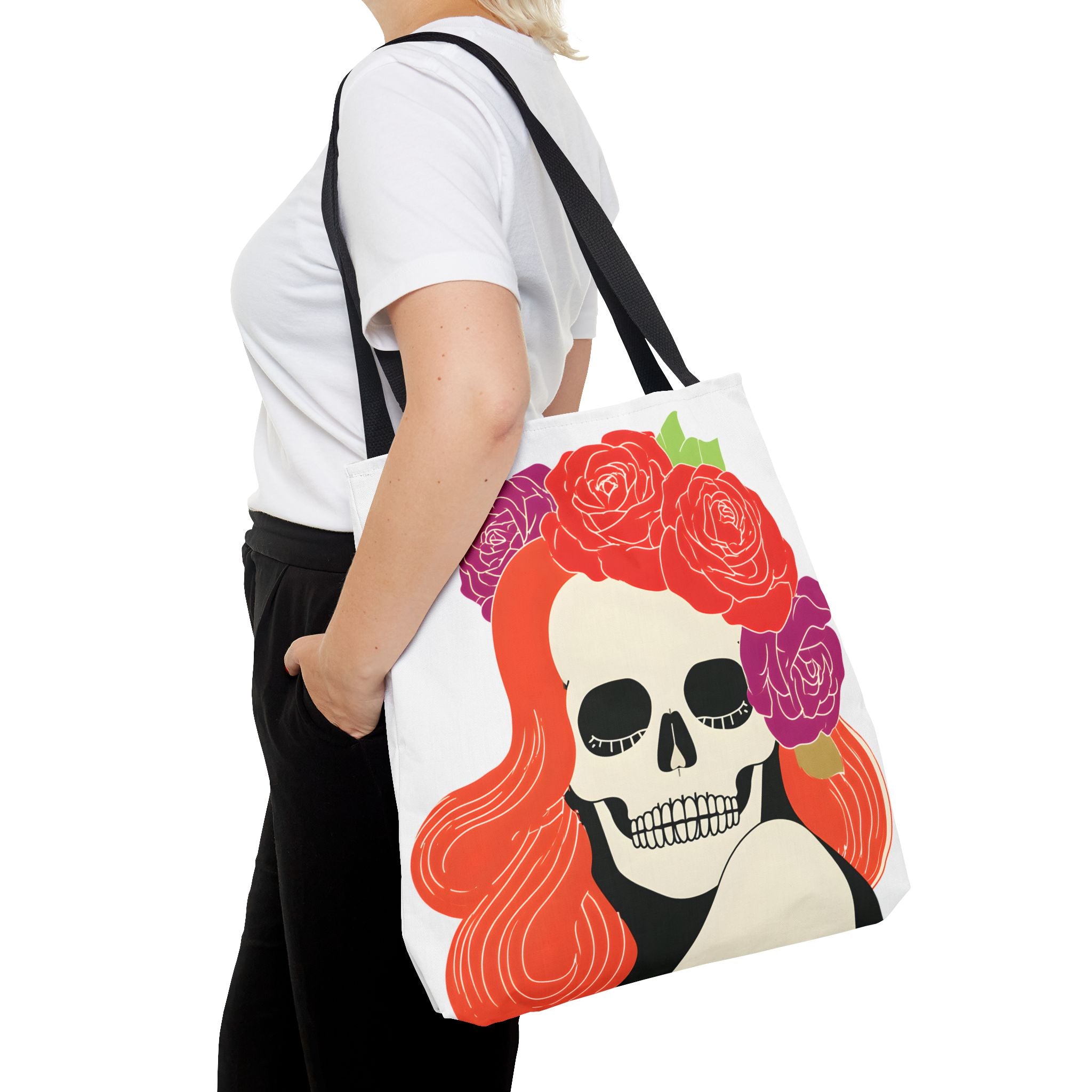 Floral Skull with Red Hair Tote Bag | Day of the Dead Illustration