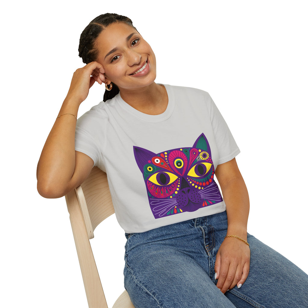 Psychedelic Colorful Cat Face T-Shirt | Vibrant Boho Cat Tee