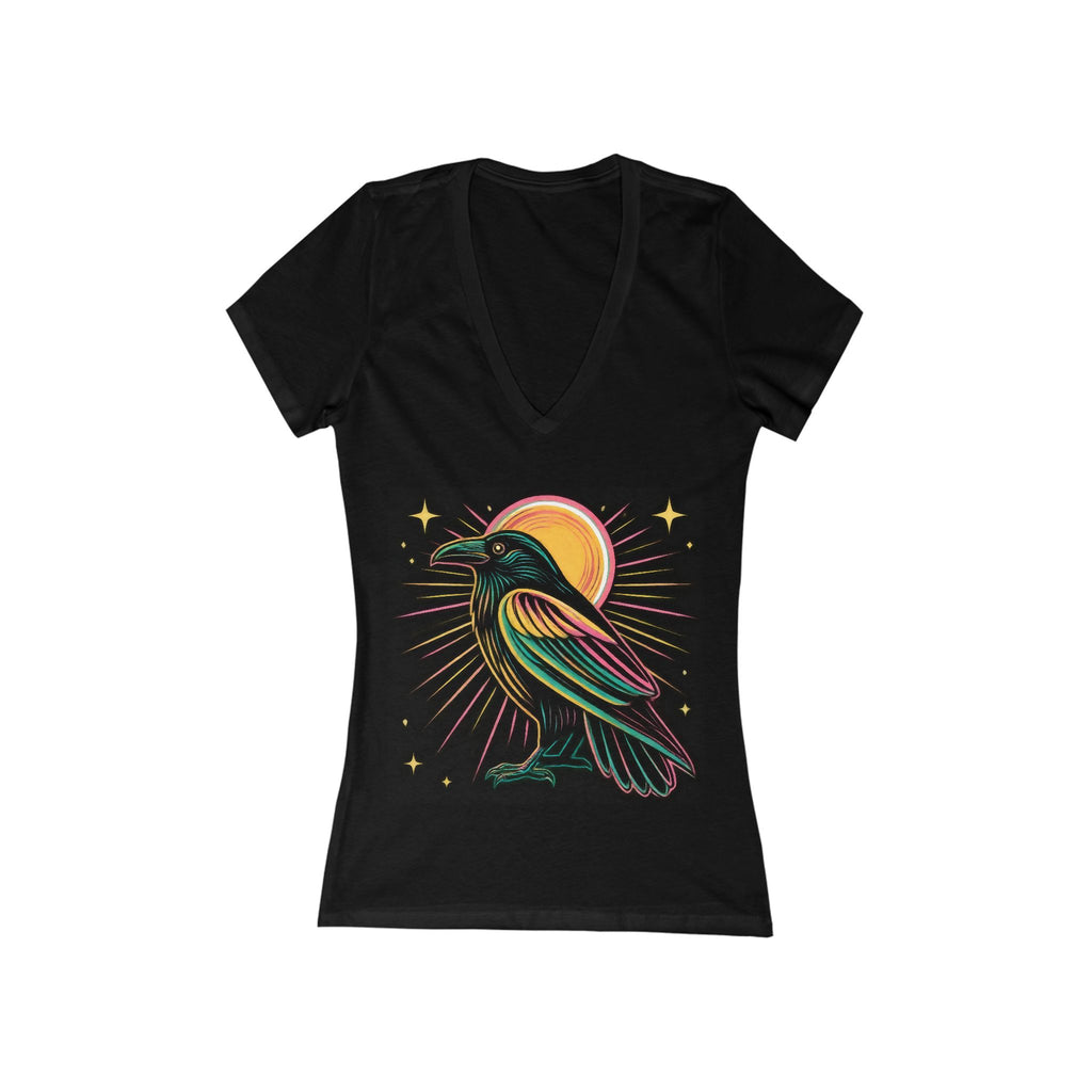 Neon Crow Illustration Tee | Moon Raven Graphic V-Neck Shirt