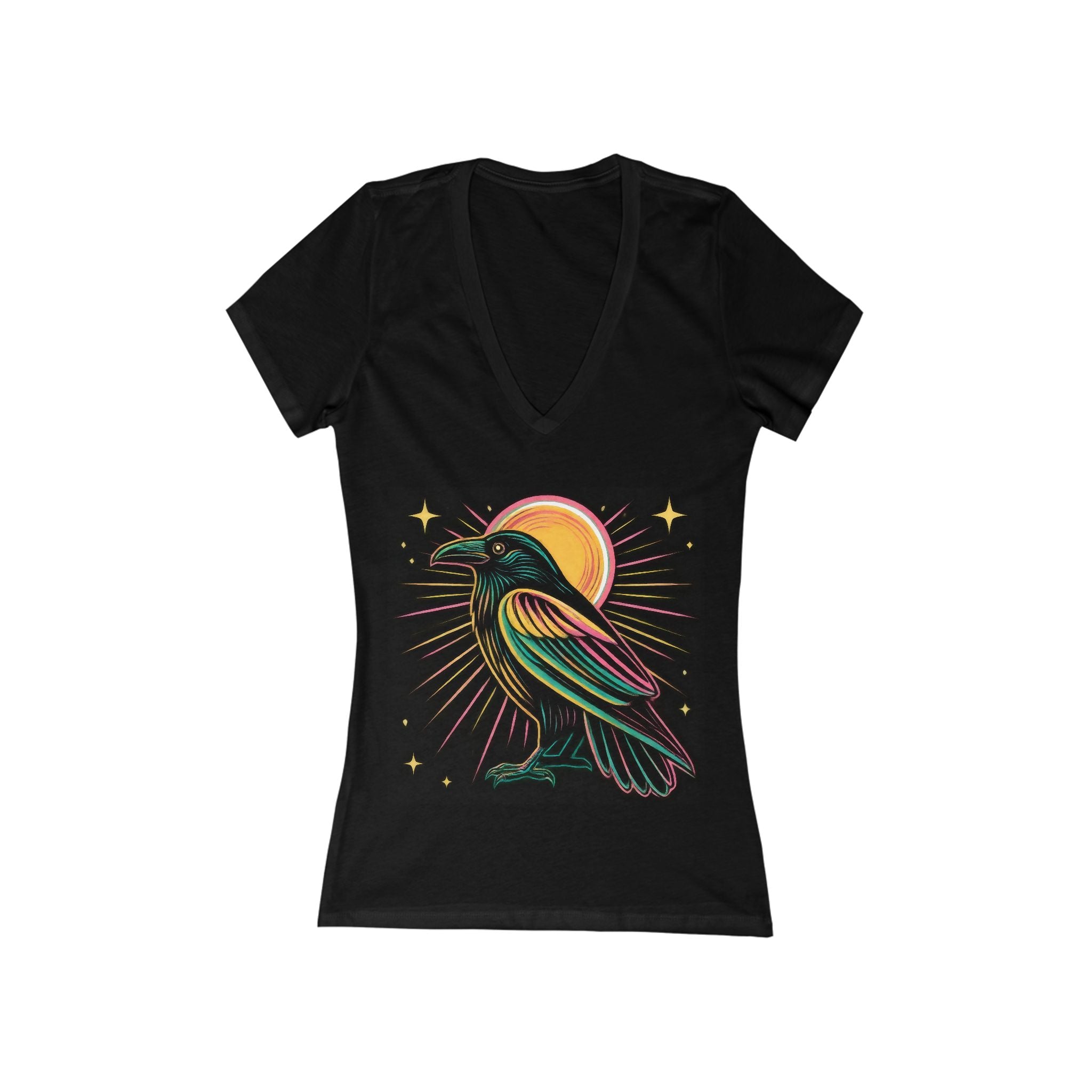 Neon Crow Illustration Tee | Moon Raven Graphic V-Neck Shirt