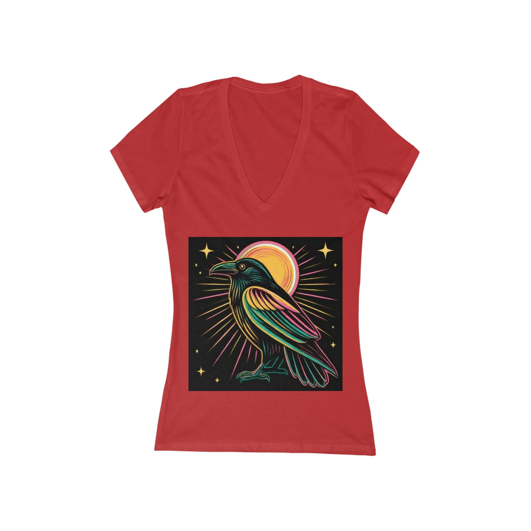 Neon Crow Illustration Tee | Moon Raven Graphic V-Neck Shirt