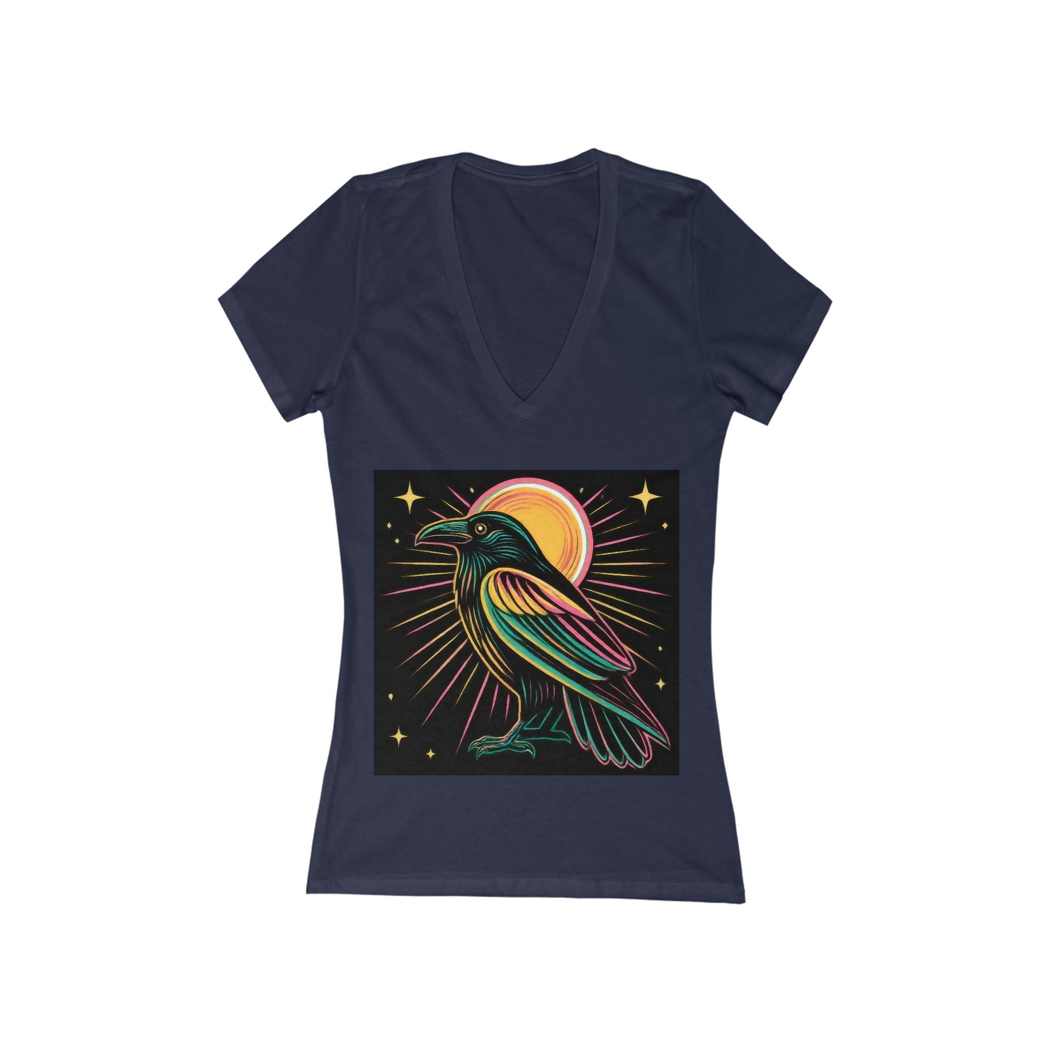 Neon Crow Illustration Tee | Moon Raven Graphic V-Neck Shirt