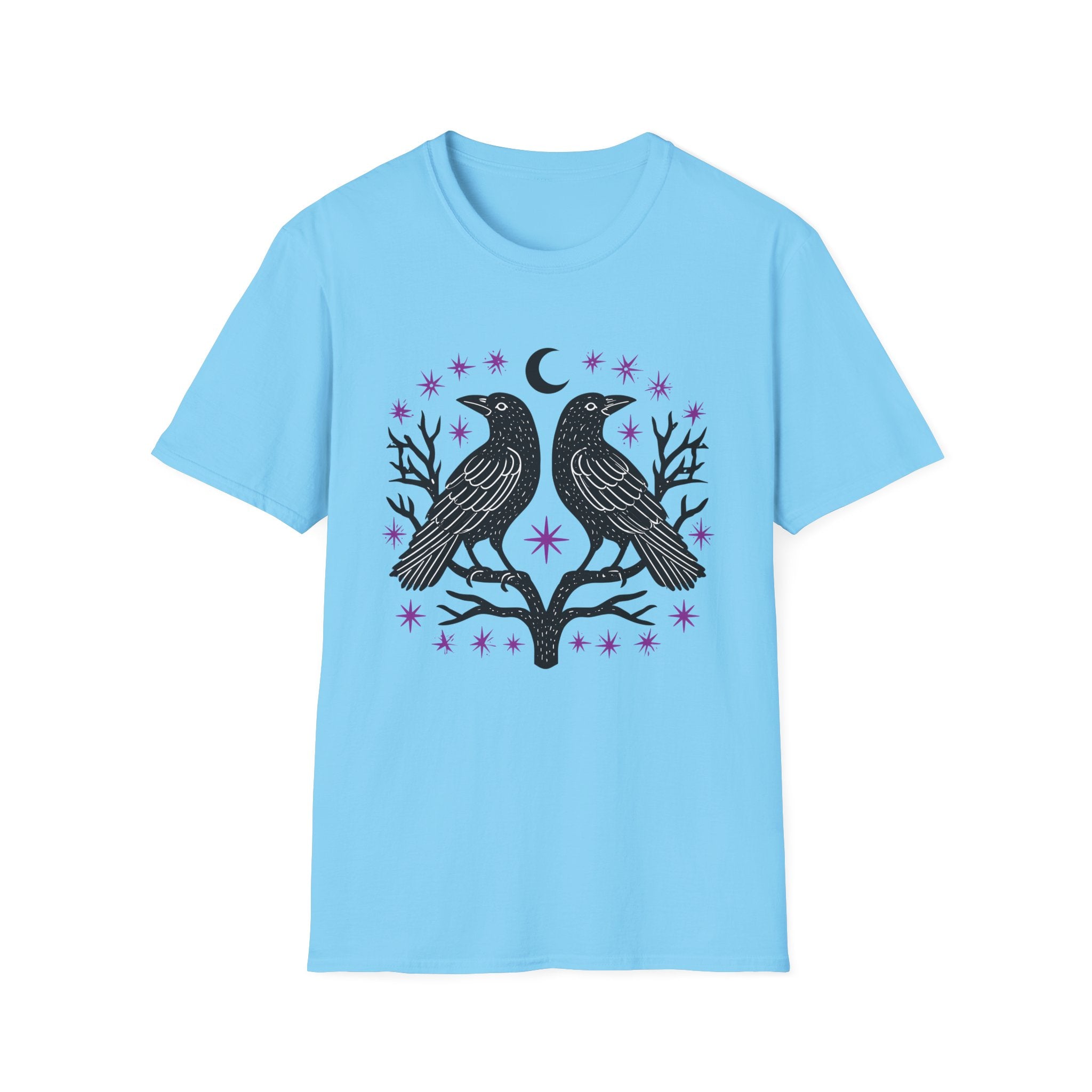 Twin Ravens Moon T-Shirt | Gothic Crescent Crow Illustration