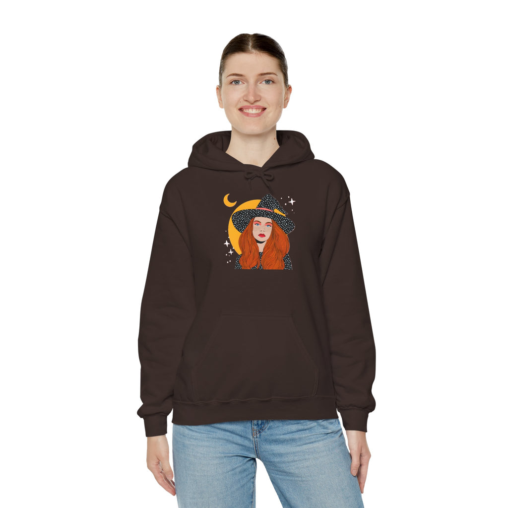Witchy Redhead Hoodie — Crescent Moon Witch Graphic Sweatshirt