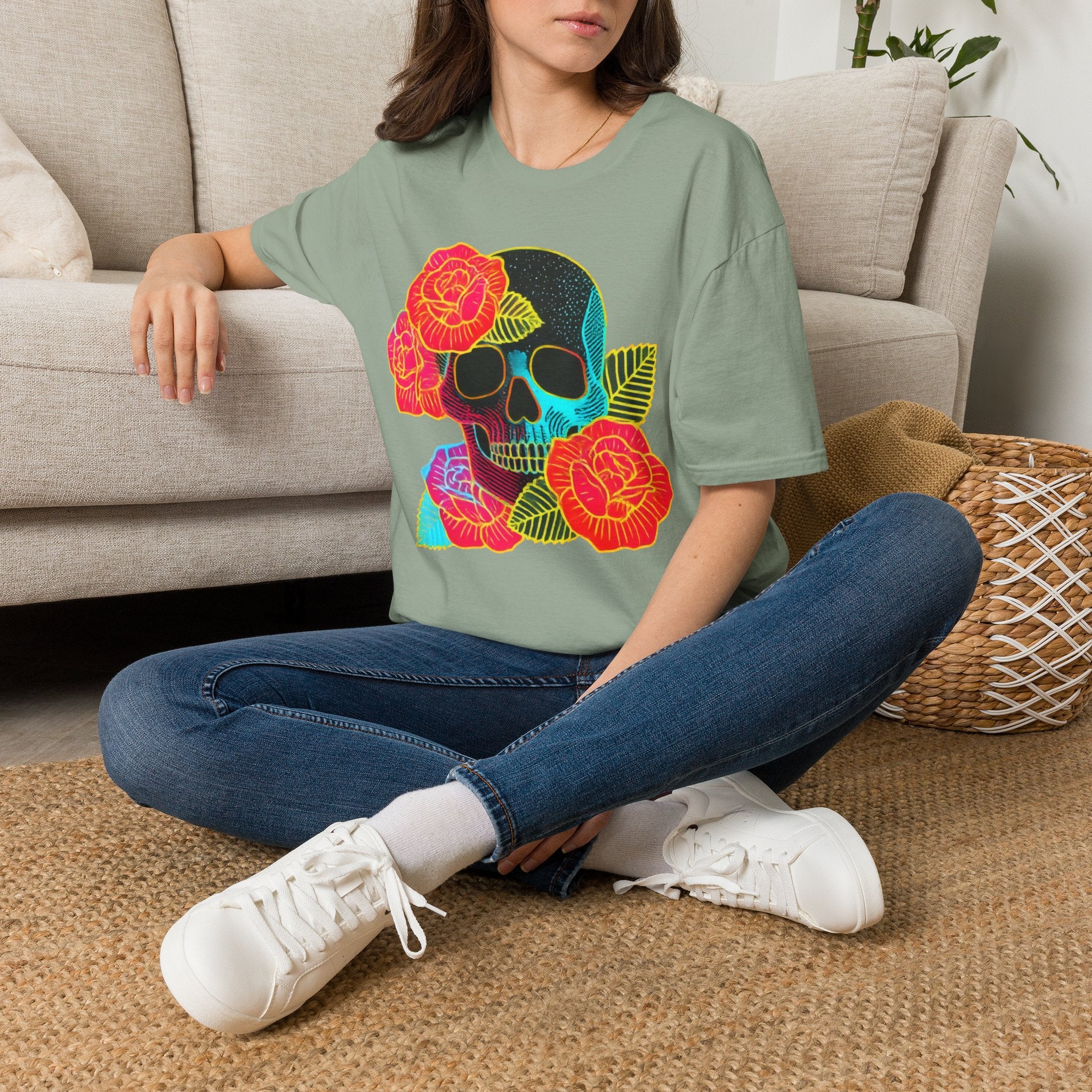 Neon Skull with Roses T-Shirt | Floral Skull Tee
