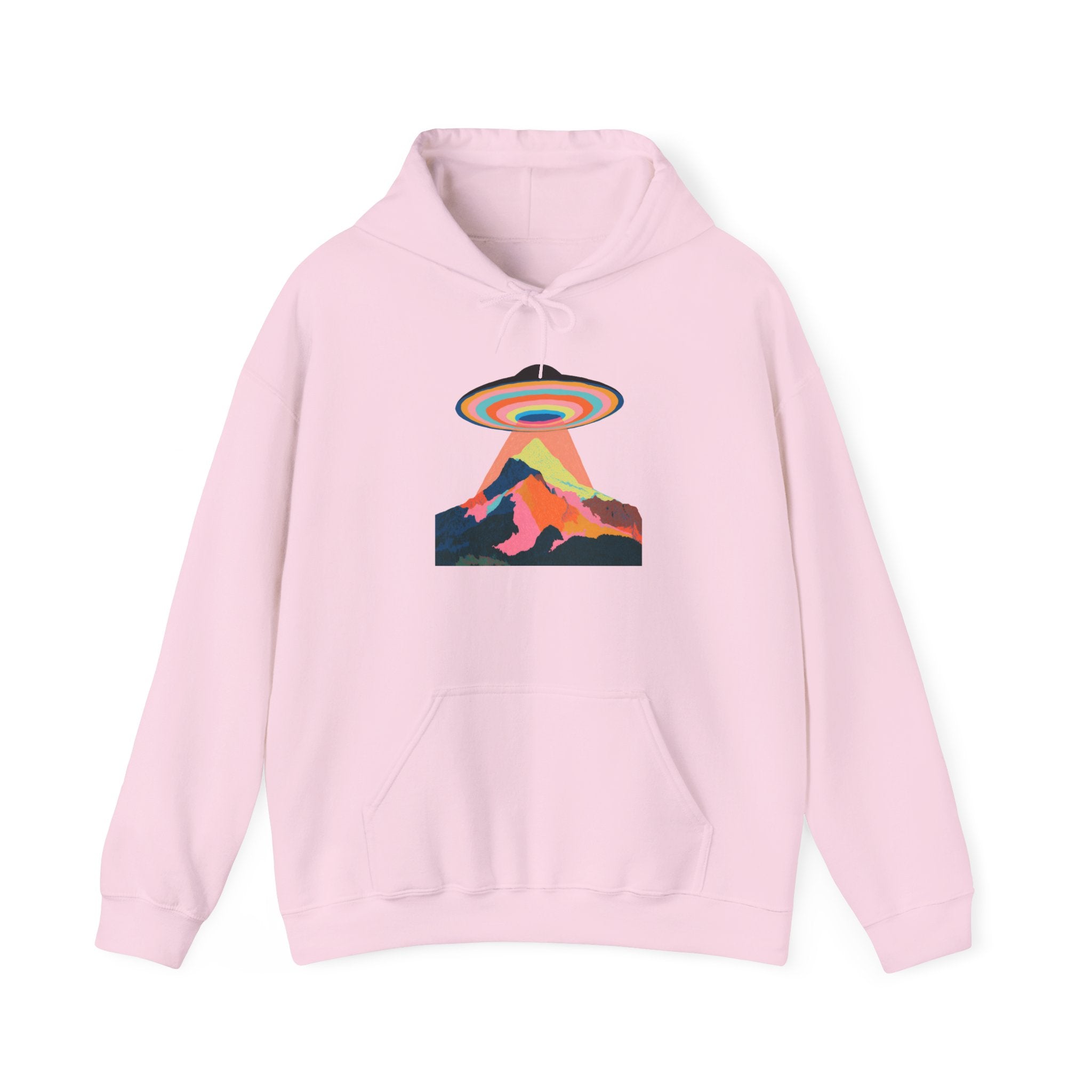 UFO Mountain Hoodie — Retro Rainbow Alien Abduction Graphic