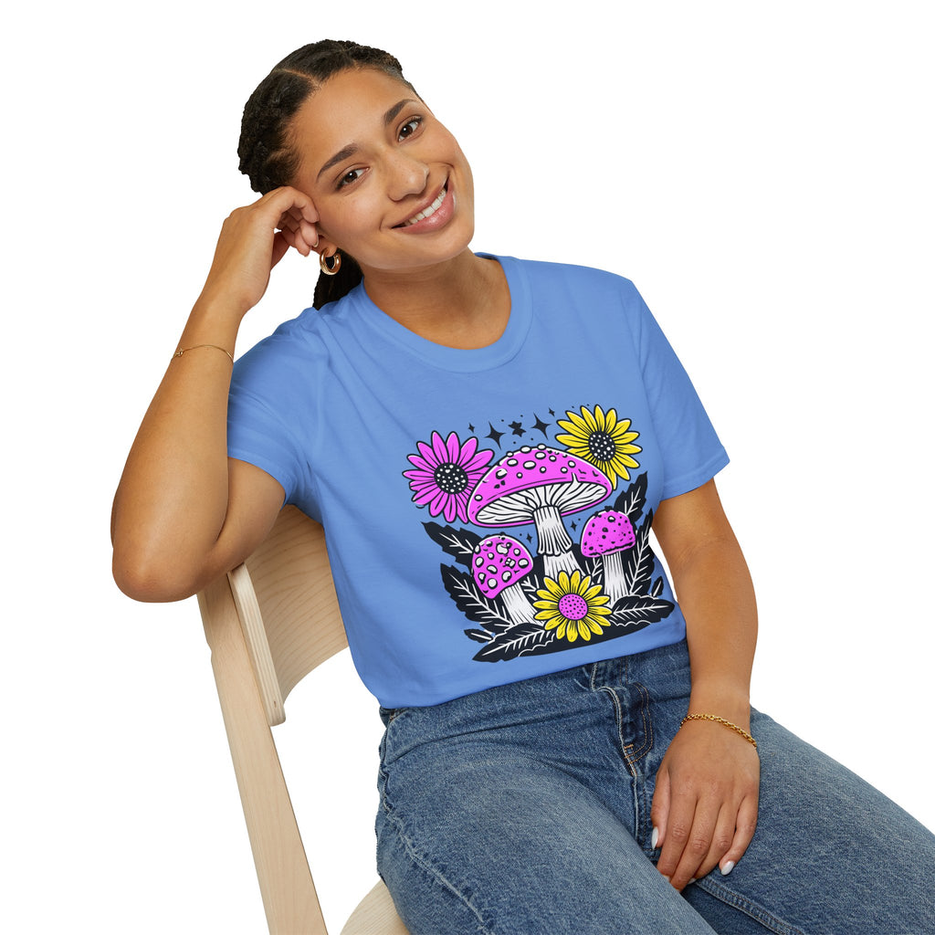 Pink Psychedelic Mushroom T-Shirt | Sunflower Graphic, Retro Mushroom Art