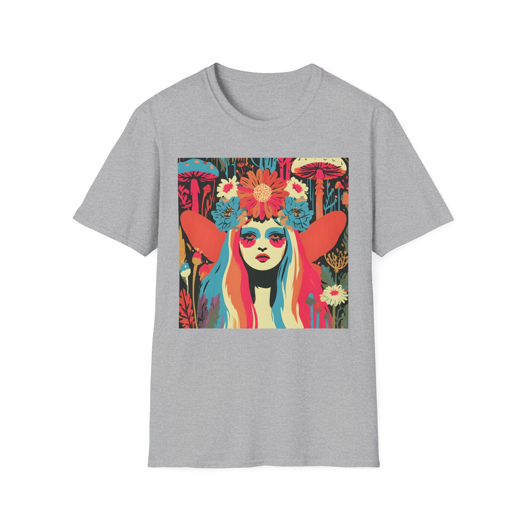 Flower Crown Psychedelic Fairy Girl T-Shirt | Retro Mushroom Art, Boho Portrait