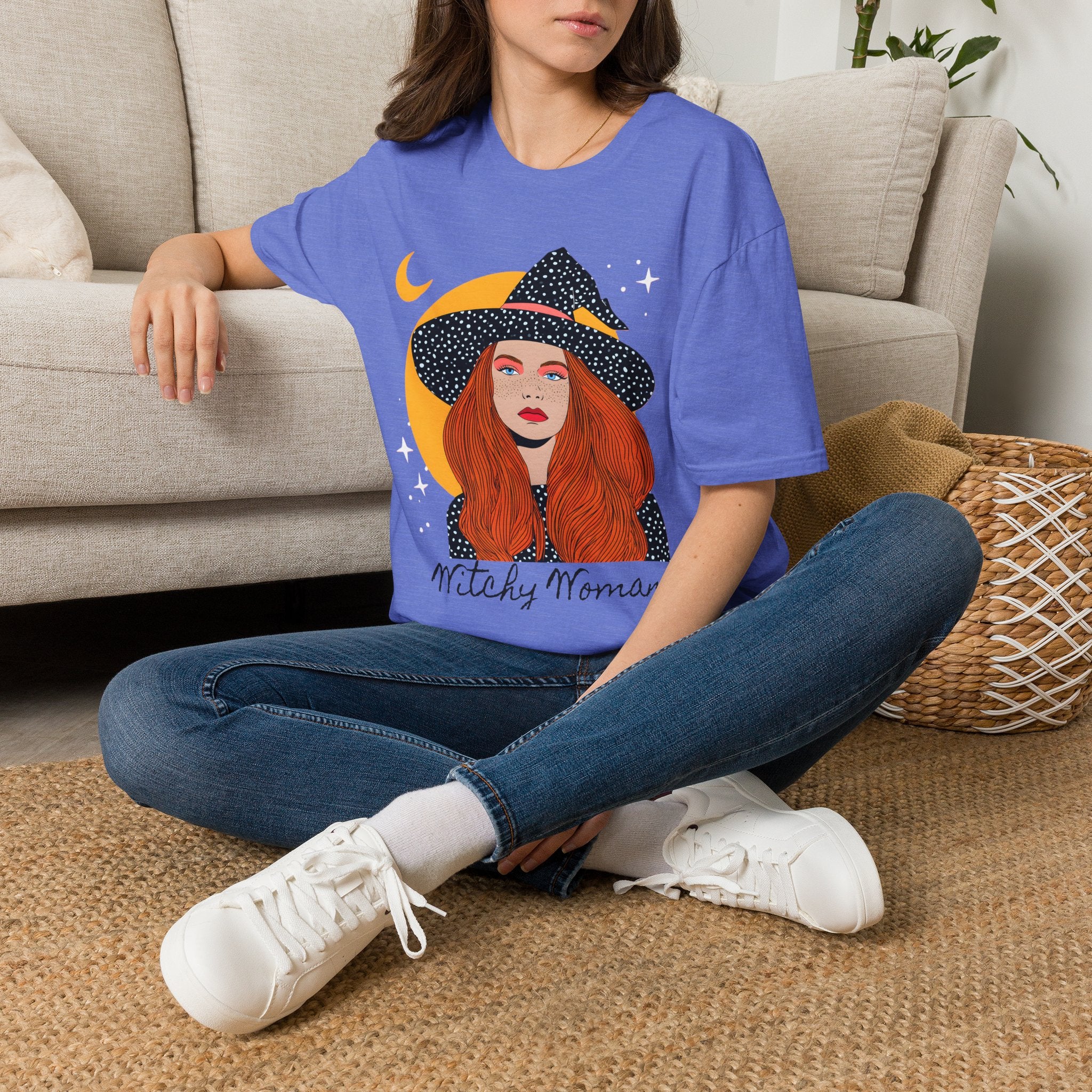 Redheaded Witch Illustration T-Shirt | Crescent Moon, Starry Hat, 'Witchy Woman'