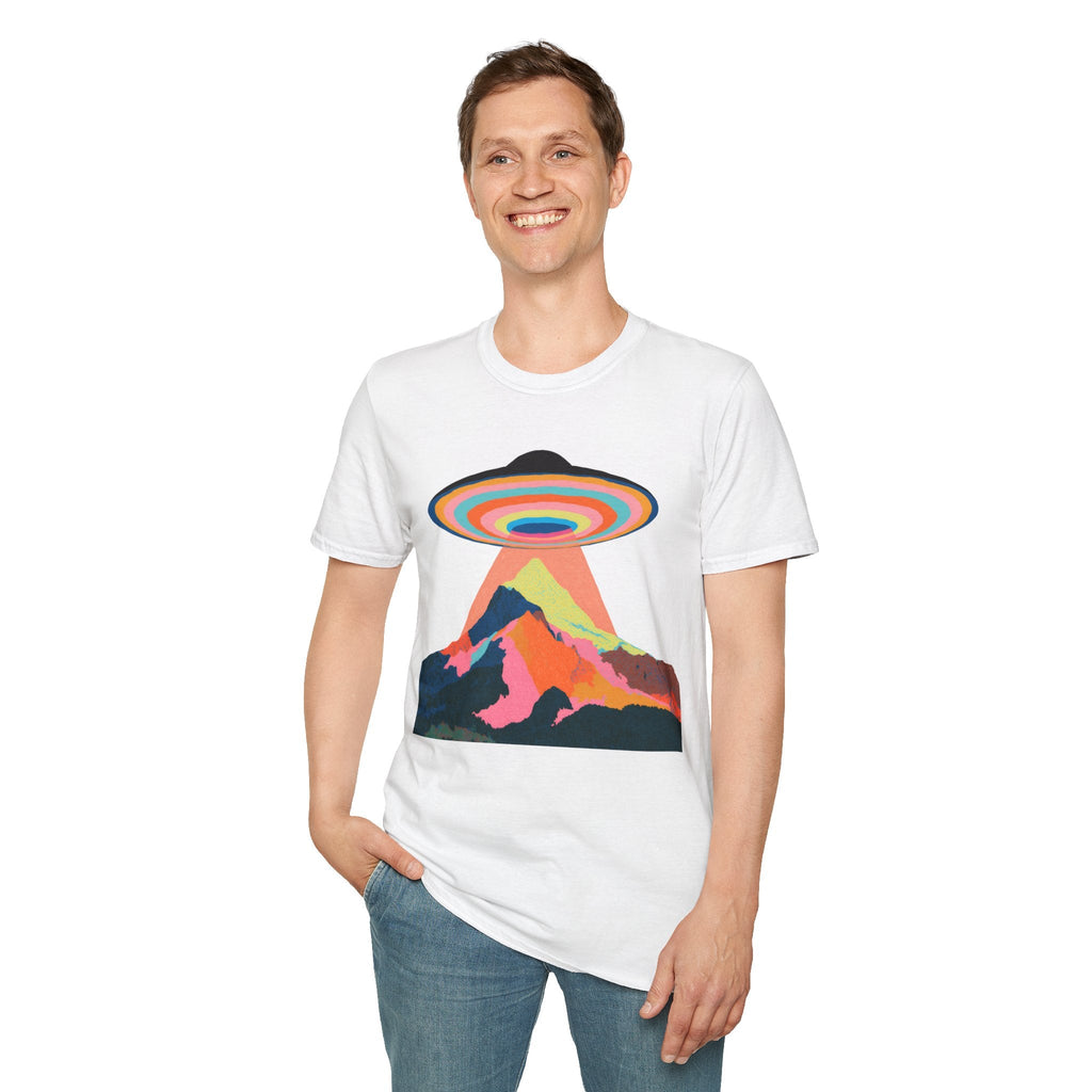 Psychedelic UFO Mountain T-Shirt — Retro Rainbow Alien Abduction Tee Printify