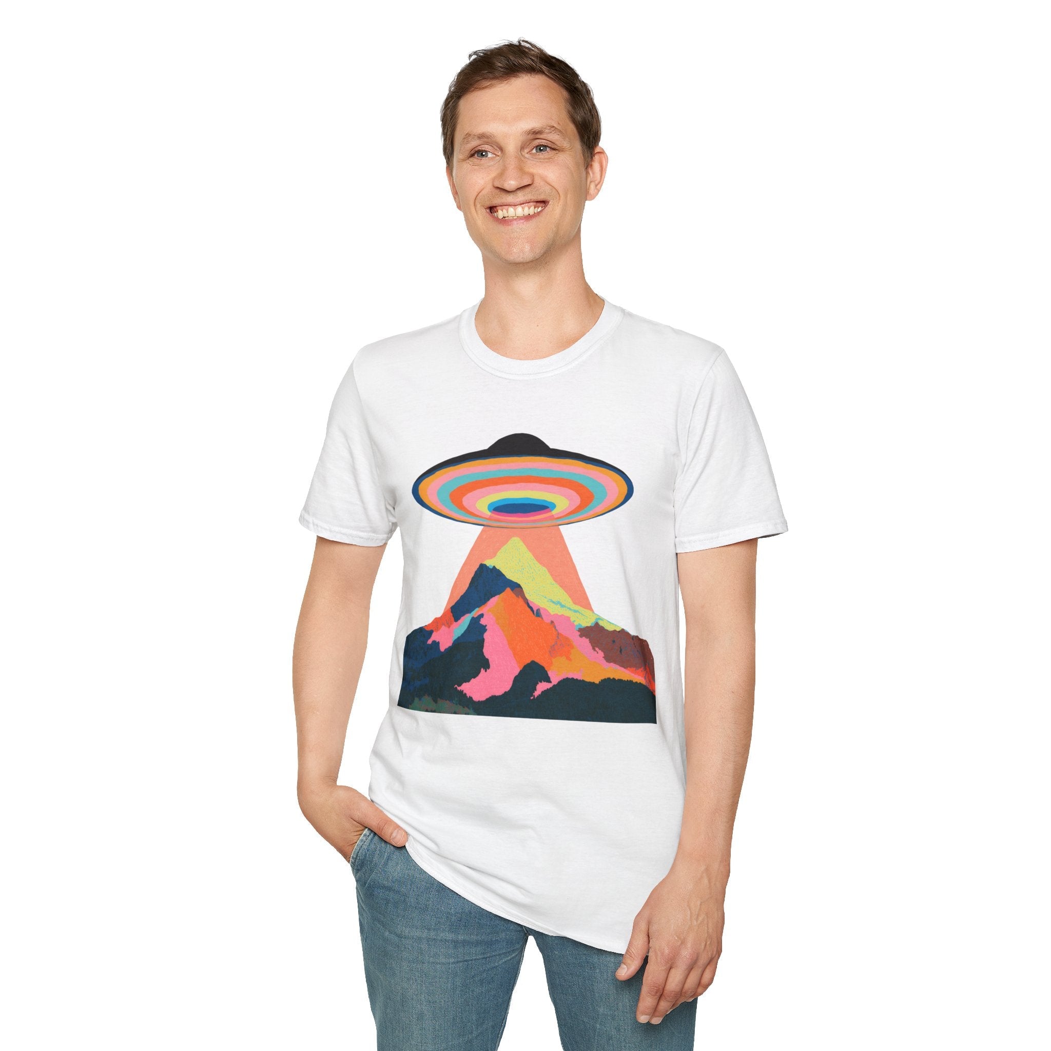 Psychedelic UFO Mountain T-Shirt — Retro Rainbow Alien Abduction Tee Printify