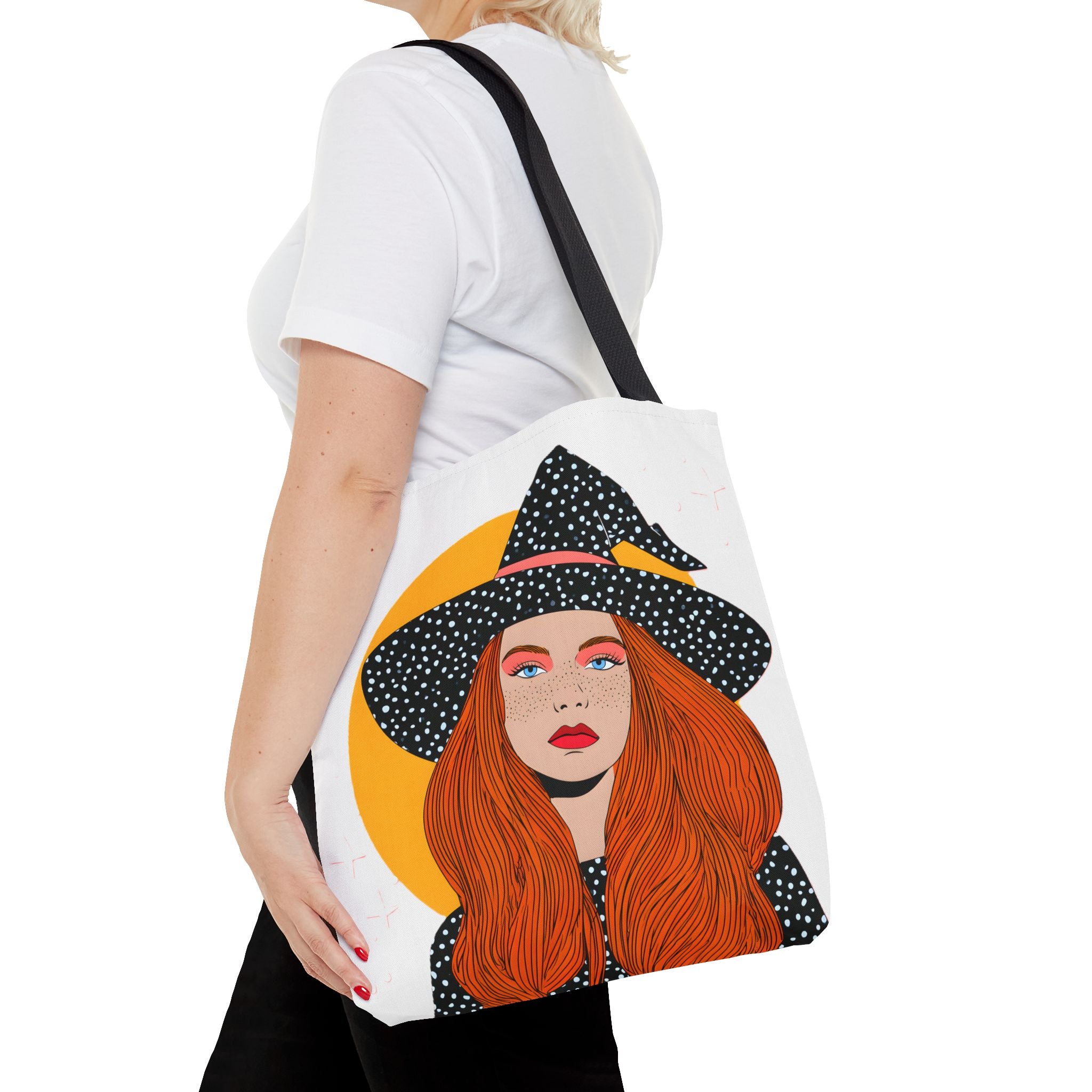 Redheaded Witch Illustration Tote Bag | Crescent Moon, Polka Dot Hat