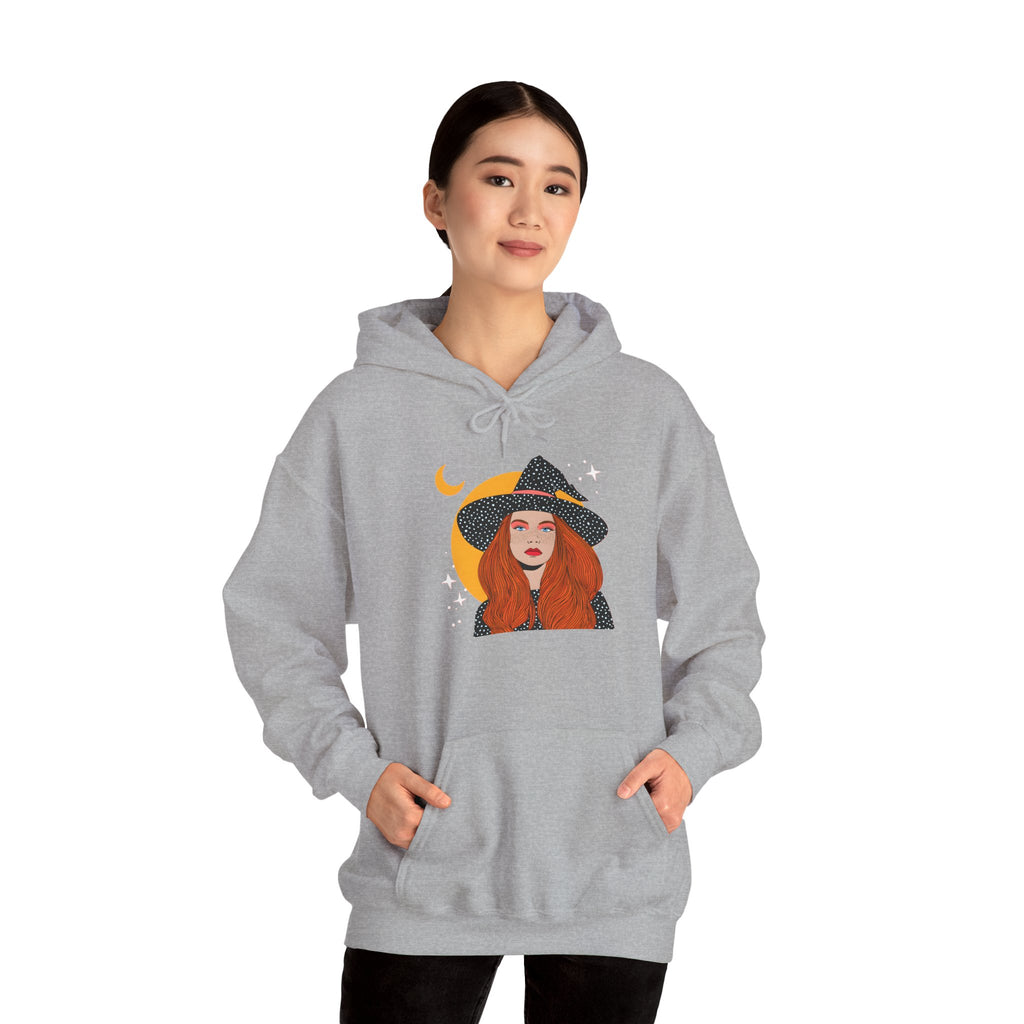 Witchy Redhead Hoodie — Crescent Moon Witch Graphic Sweatshirt
