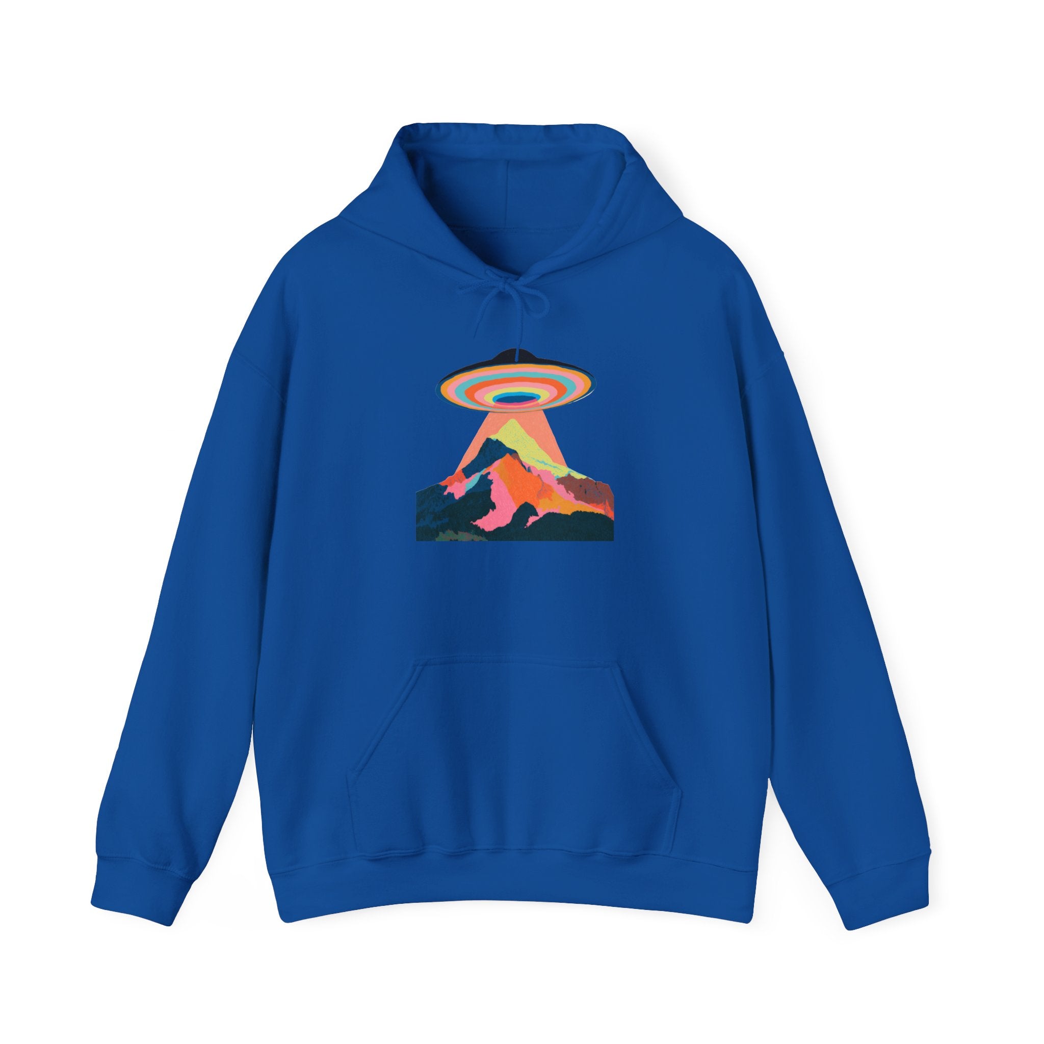 UFO Mountain Hoodie — Retro Rainbow Alien Abduction Graphic