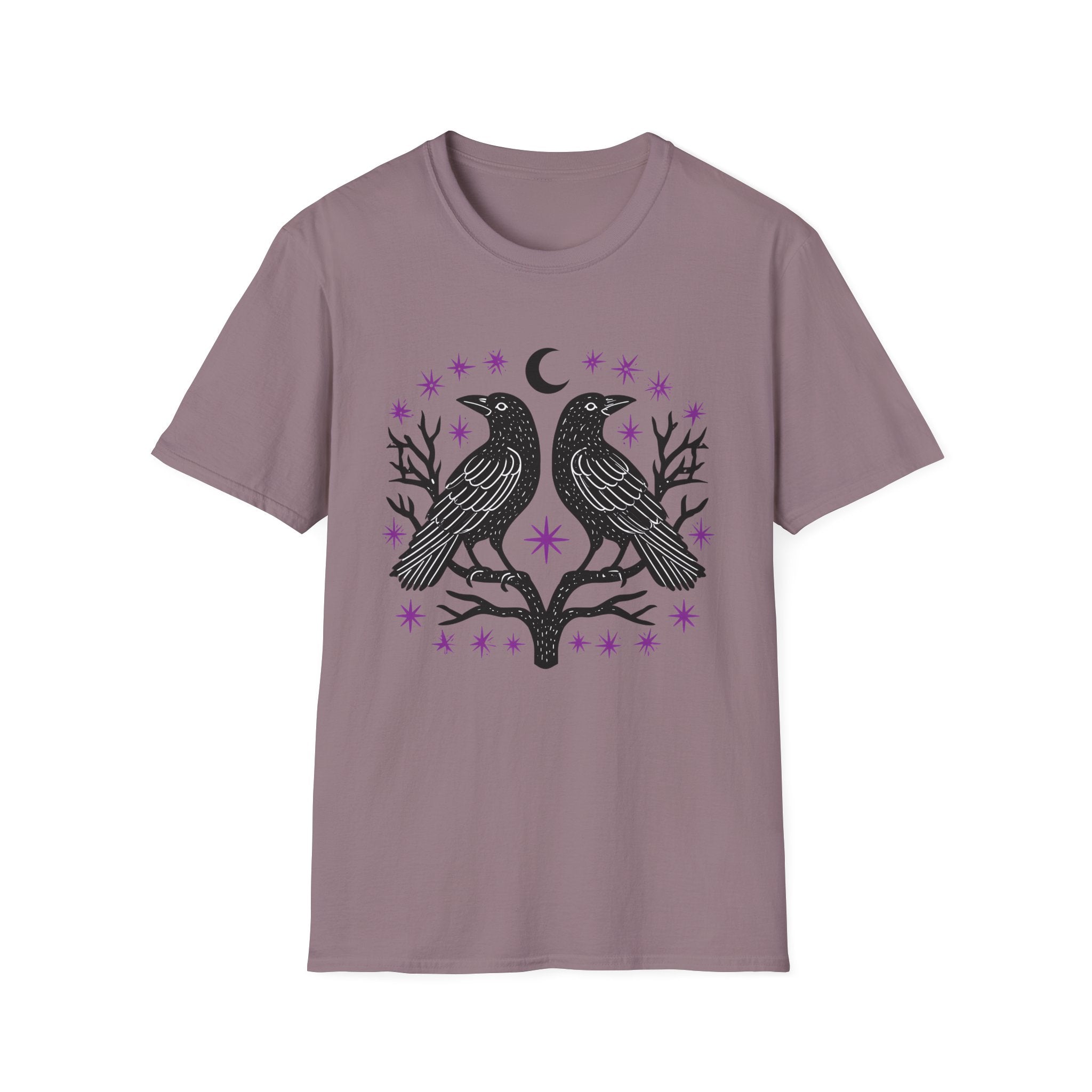 Twin Ravens Moon T-Shirt | Gothic Crescent Crow Illustration