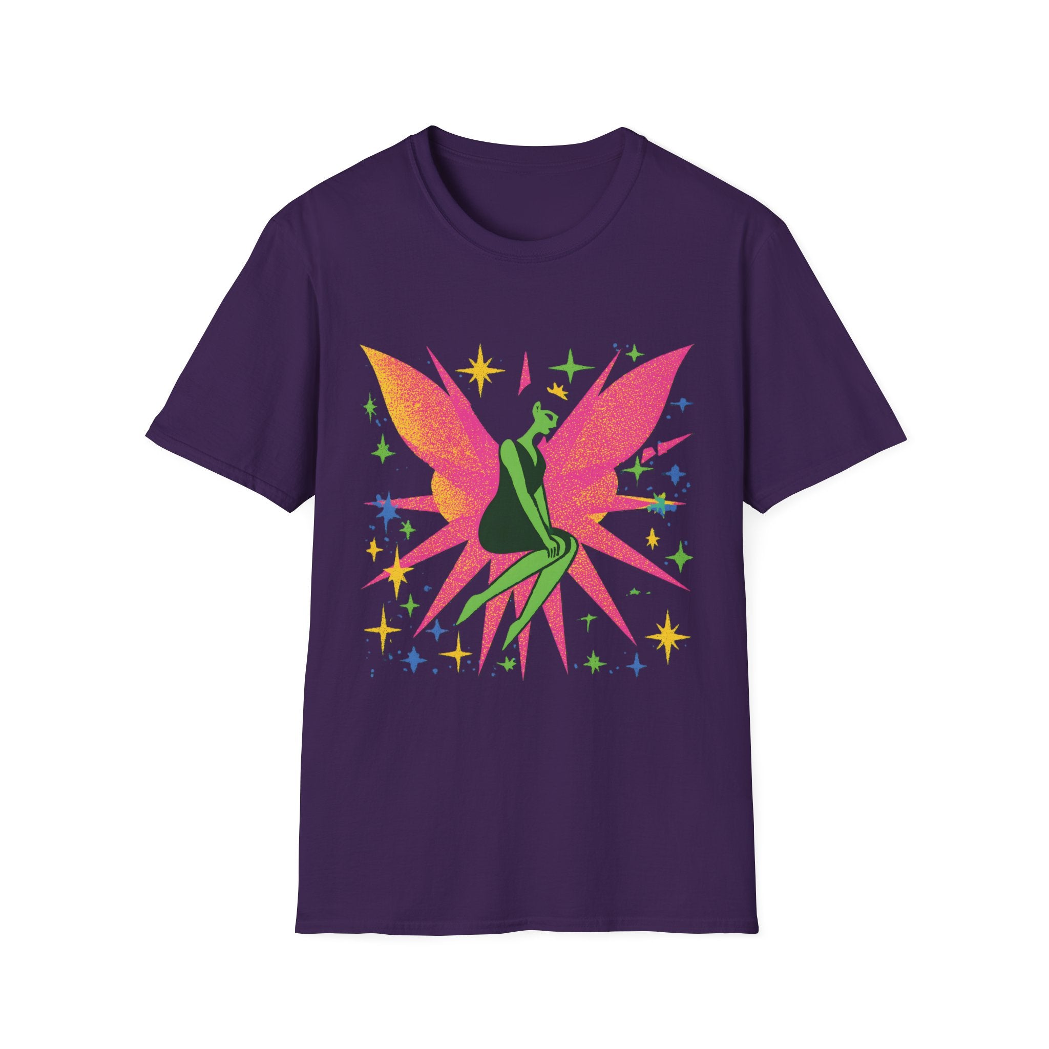 Neon Fairy Silhouette T-Shirt | Pink Wings, Green Figure, Sparkle Stars