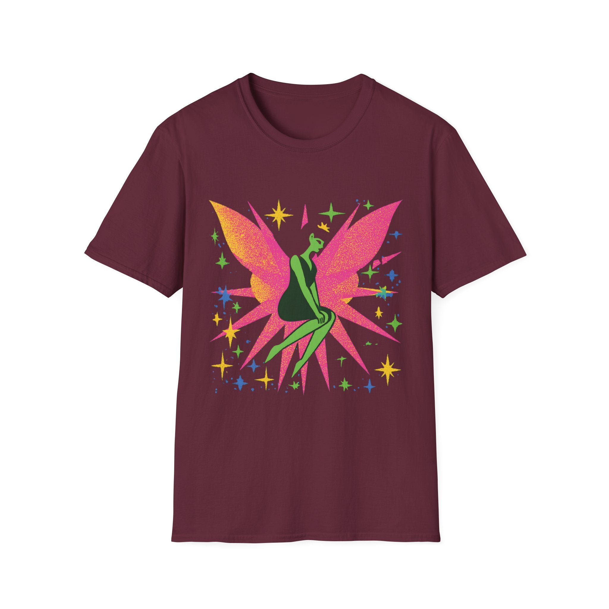 Neon Fairy Silhouette T-Shirt | Pink Wings, Green Figure, Sparkle Stars