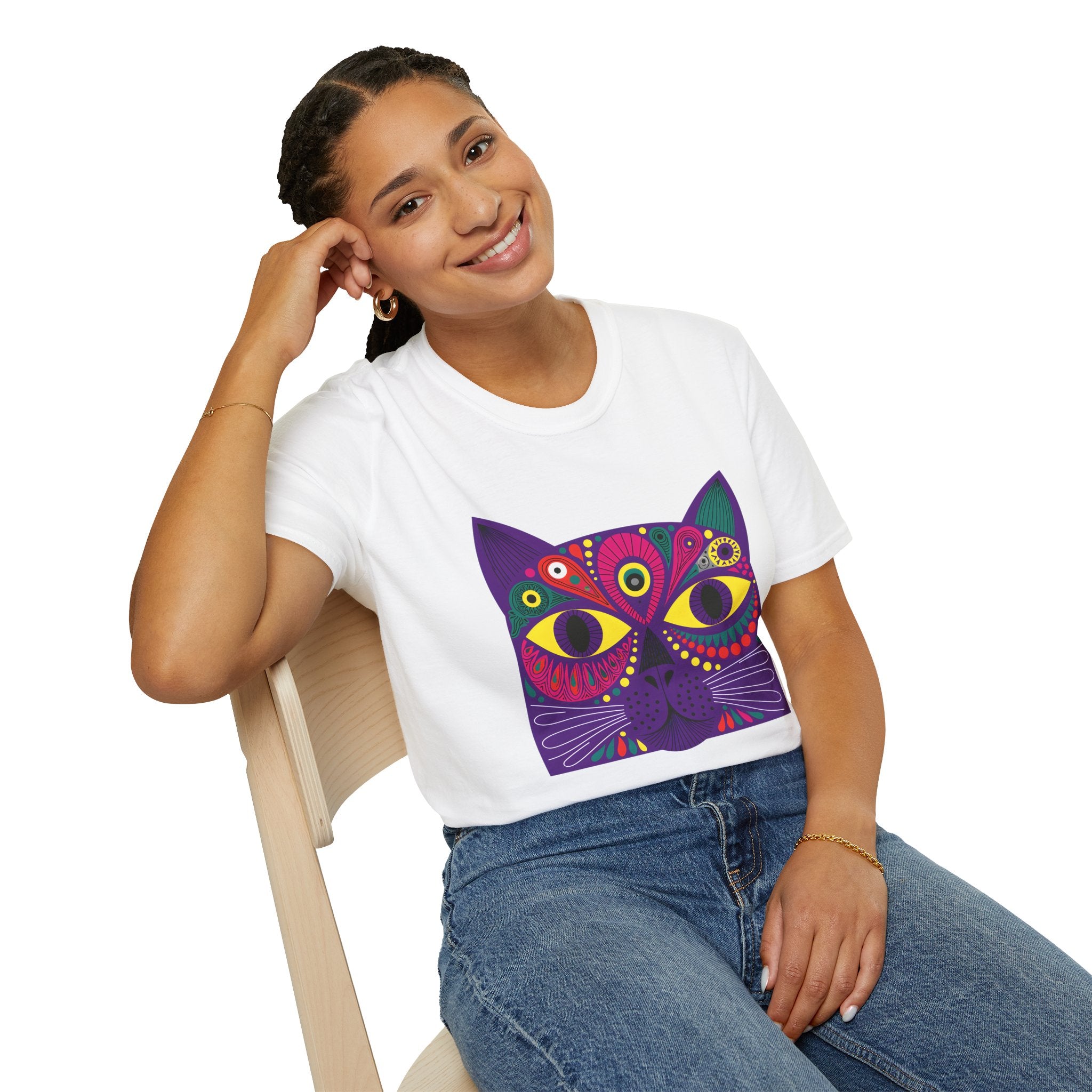 Psychedelic Colorful Cat Face T-Shirt | Vibrant Boho Cat Tee