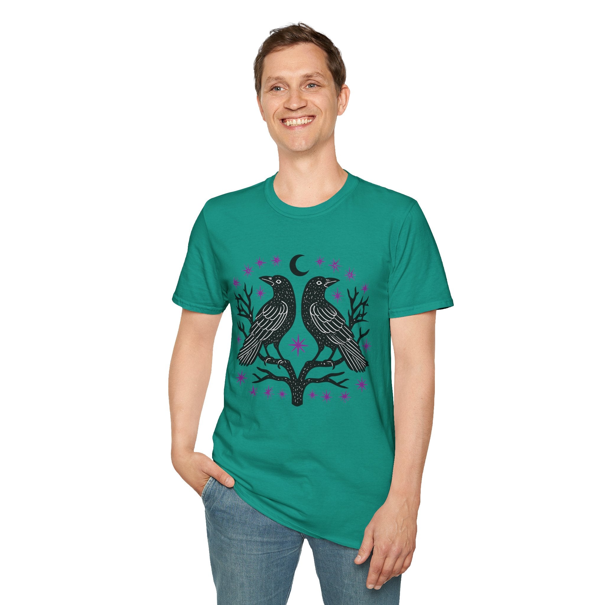 Twin Ravens Moon T-Shirt | Gothic Crescent Crow Illustration