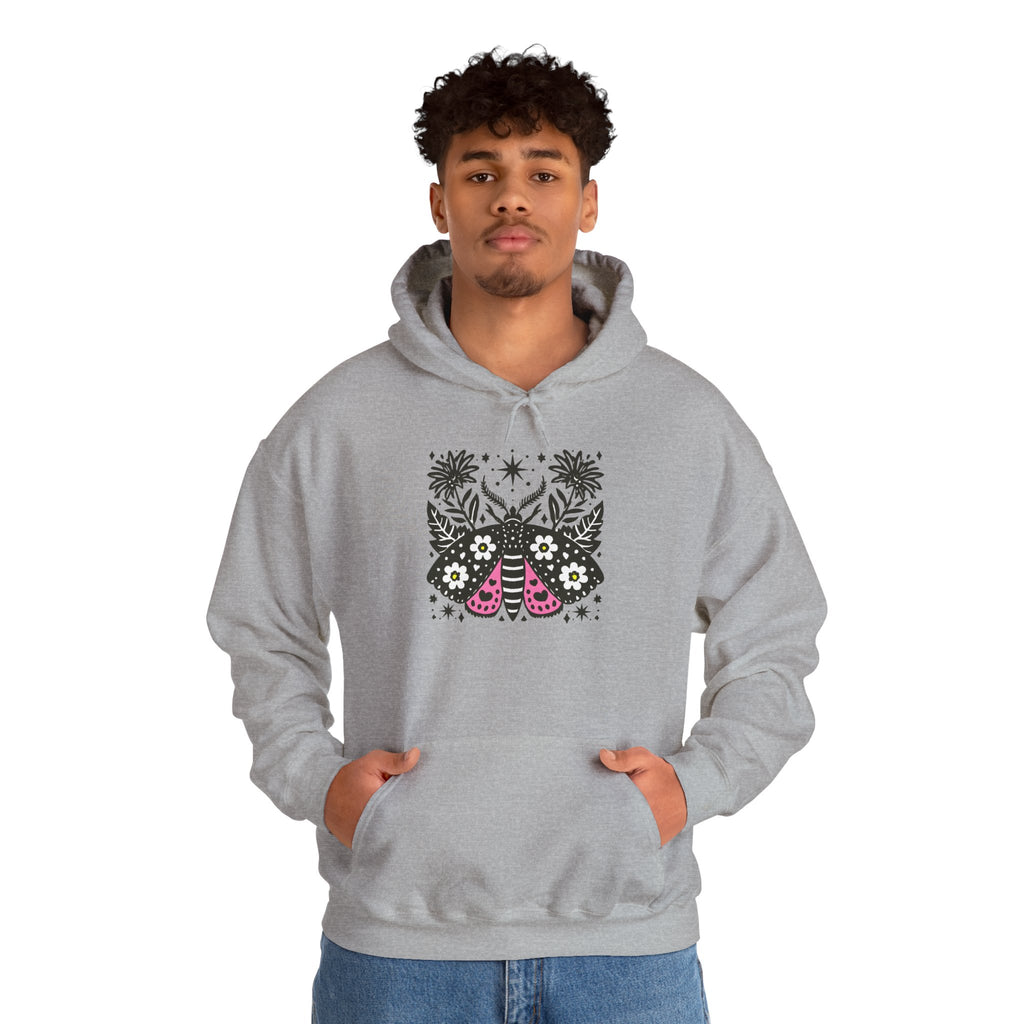 Retro Floral Moth Hoodie — Boho Night Garden Sweatshirt