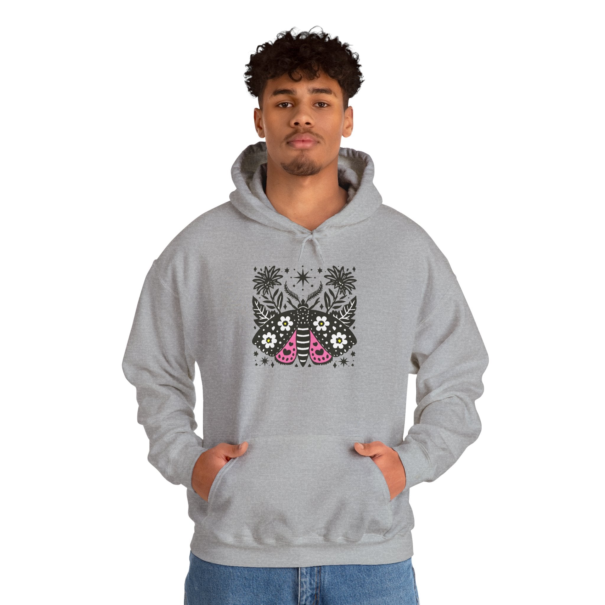 Retro Floral Moth Hoodie — Boho Night Garden Sweatshirt