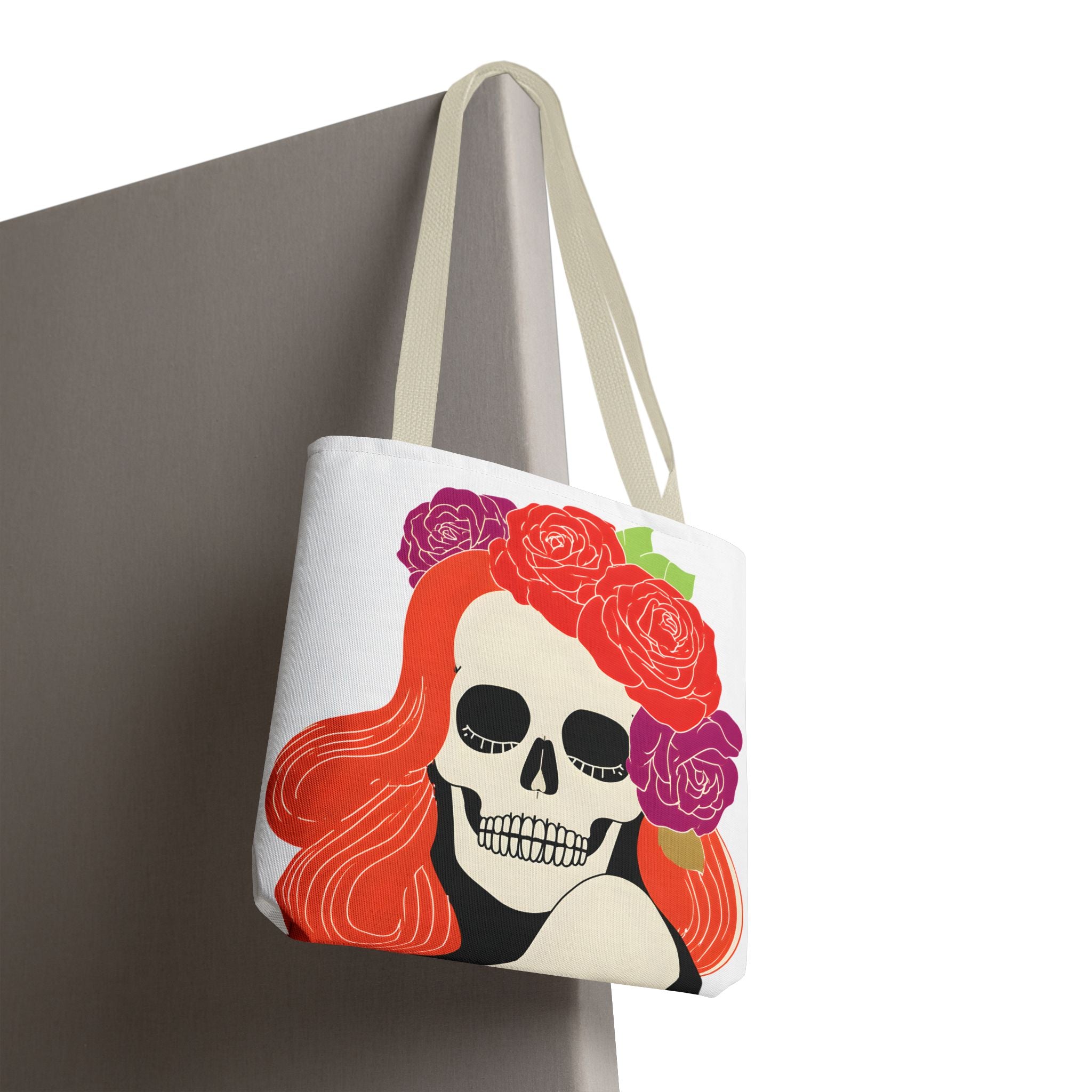Floral Skull with Red Hair Tote Bag | Day of the Dead Illustration