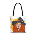 Redheaded Witch Illustration Tote Bag | Crescent Moon, Polka Dot Hat