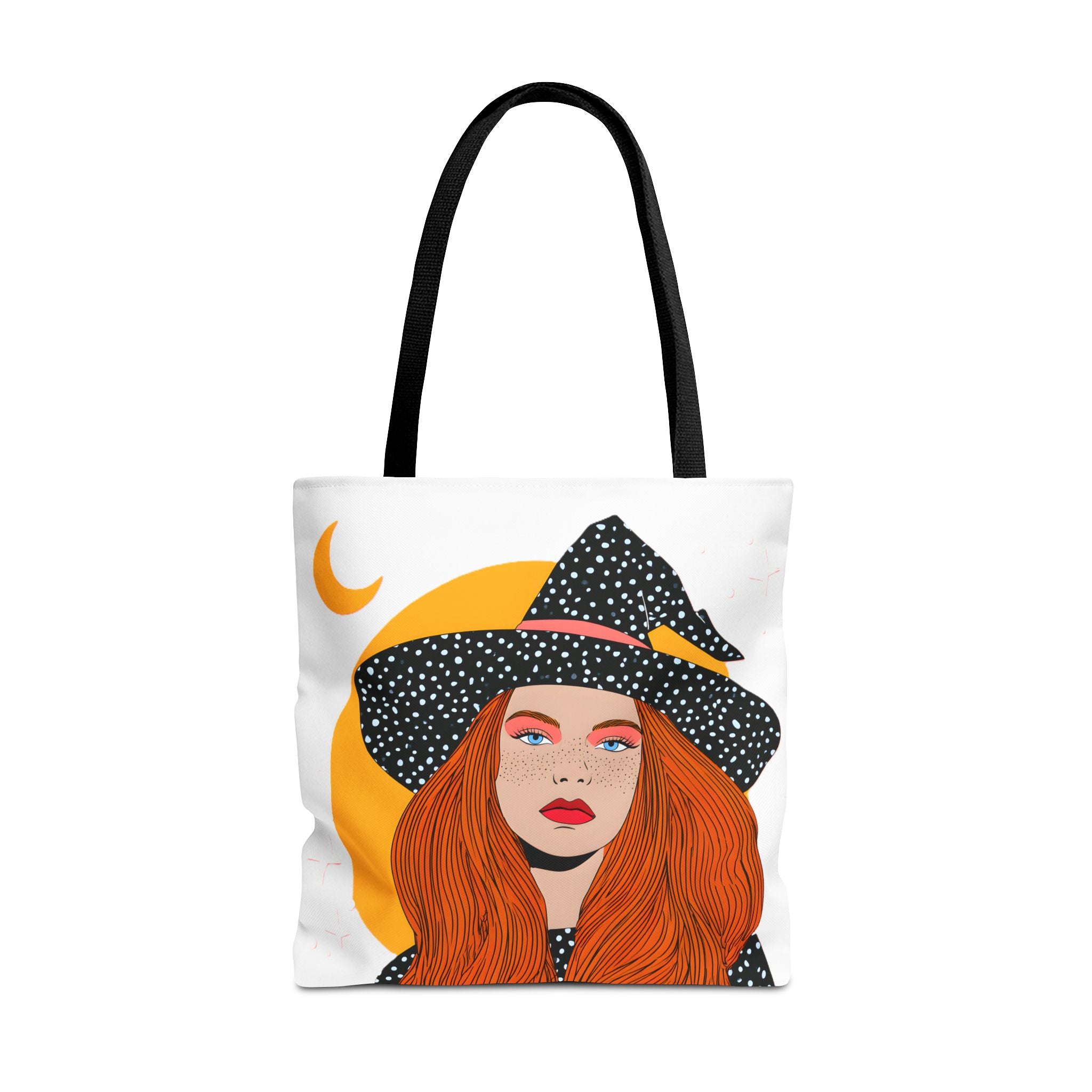Redheaded Witch Illustration Tote Bag | Crescent Moon, Polka Dot Hat