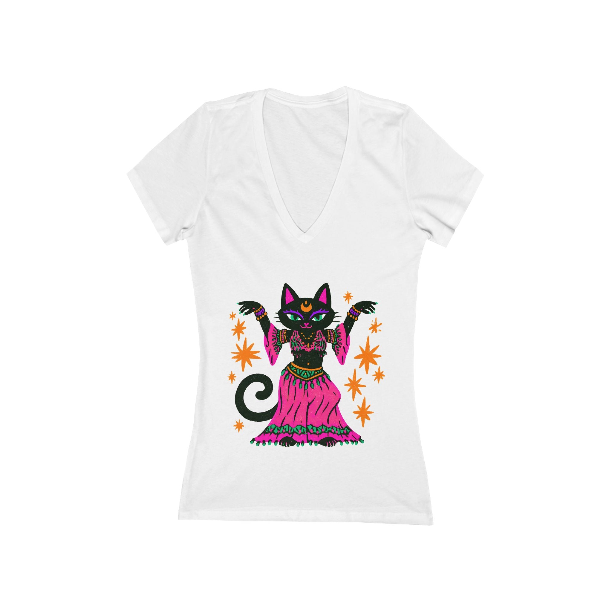 Fortune-Telling Black Cat V-Neck Tee | Mystic Cat Belly Dancer Shirt