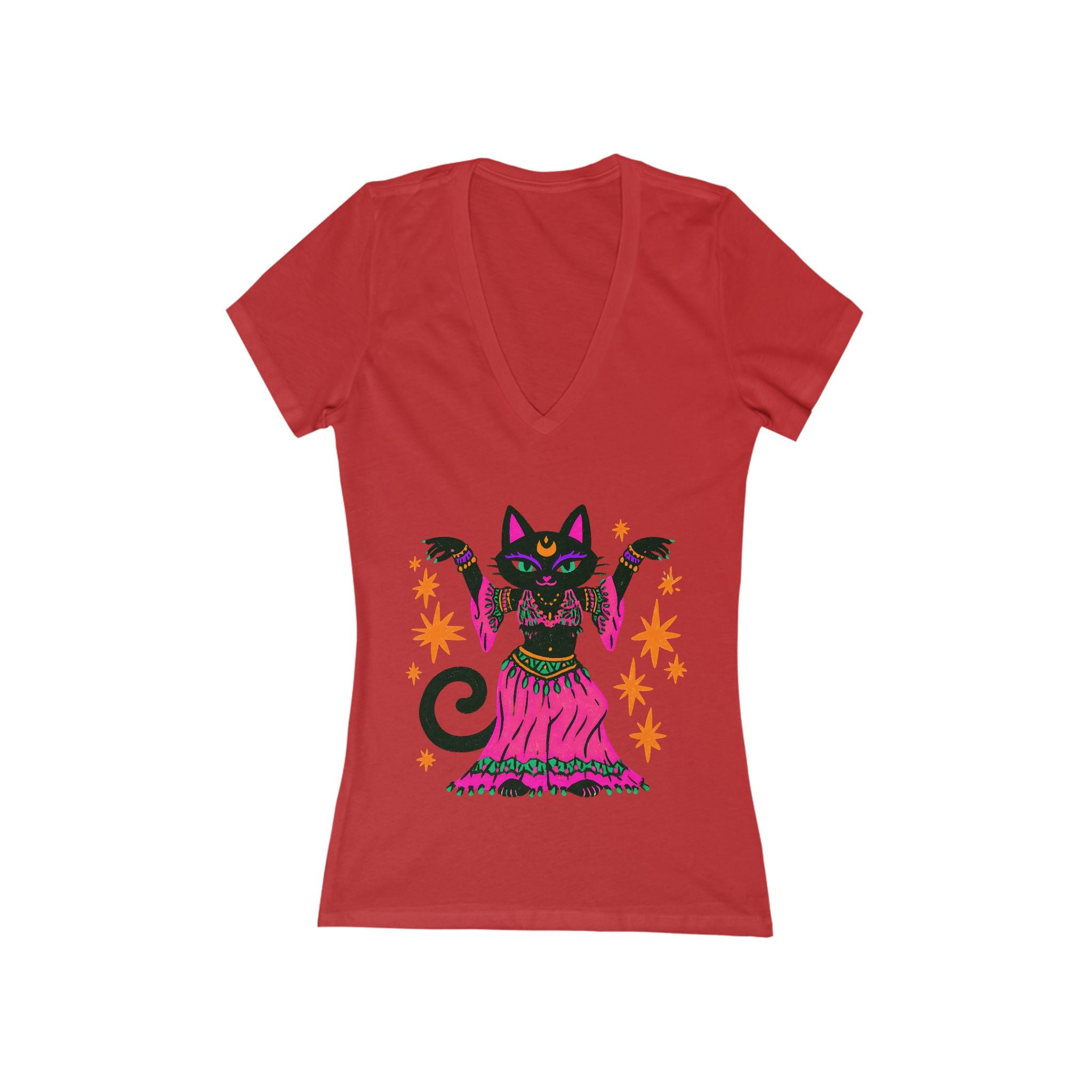 Fortune-Telling Black Cat V-Neck Tee | Mystic Cat Belly Dancer Shirt