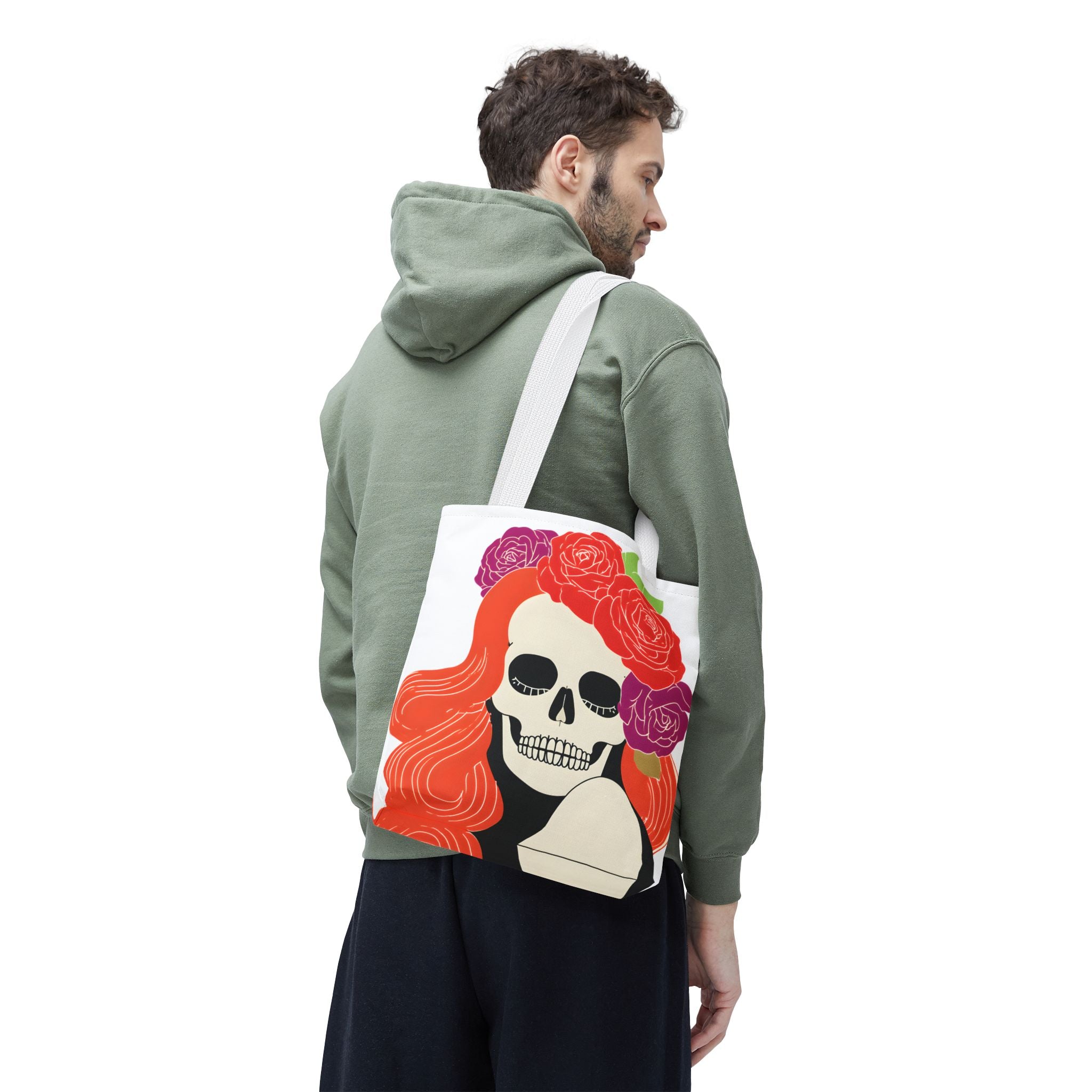 Floral Skull with Red Hair Tote Bag | Day of the Dead Illustration