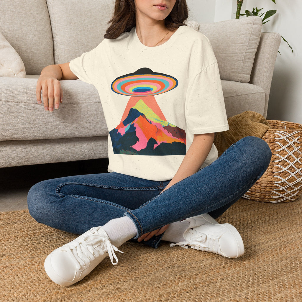 Psychedelic UFO Mountain T-Shirt — Retro Rainbow Alien Abduction Tee Printify