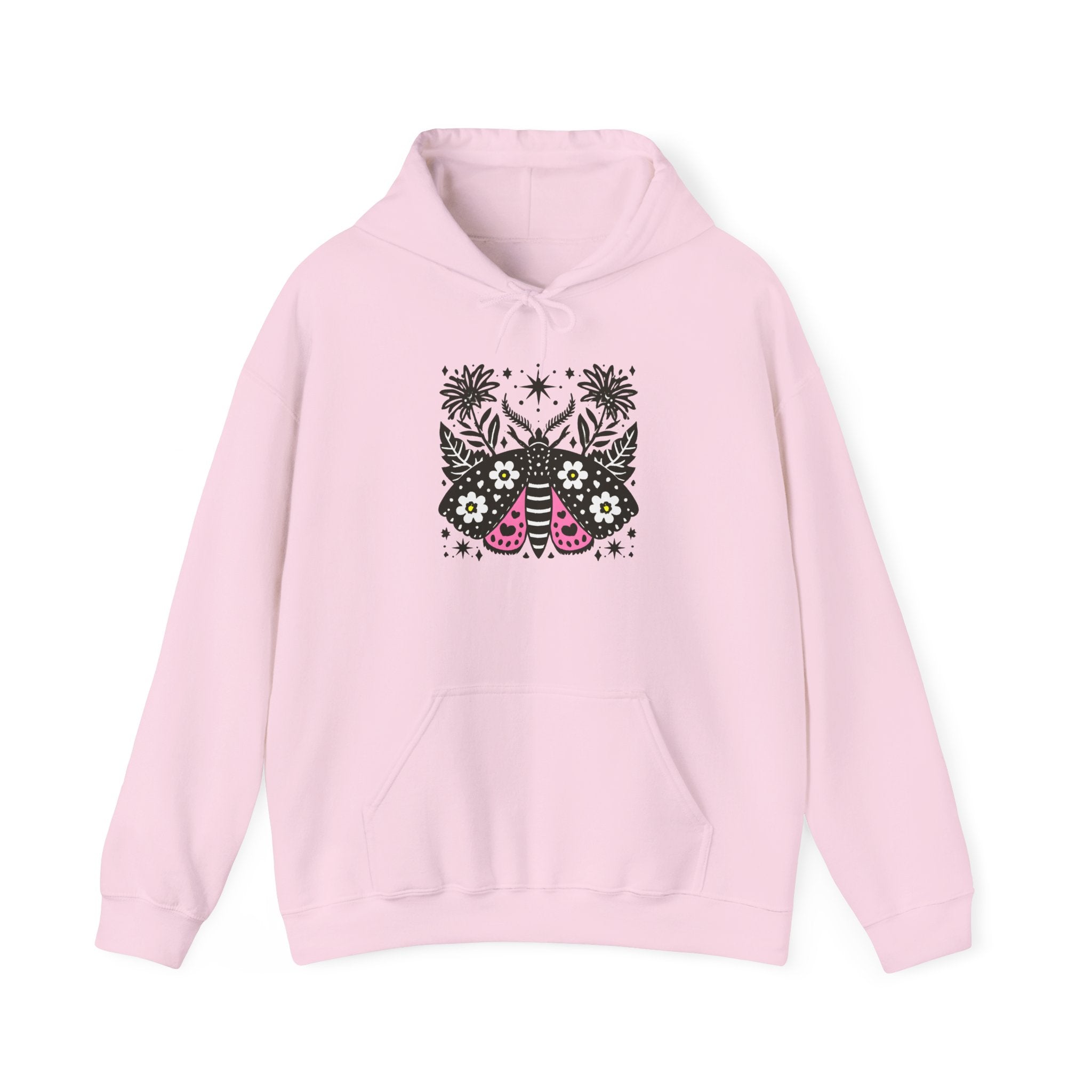 Retro Floral Moth Hoodie — Boho Night Garden Sweatshirt
