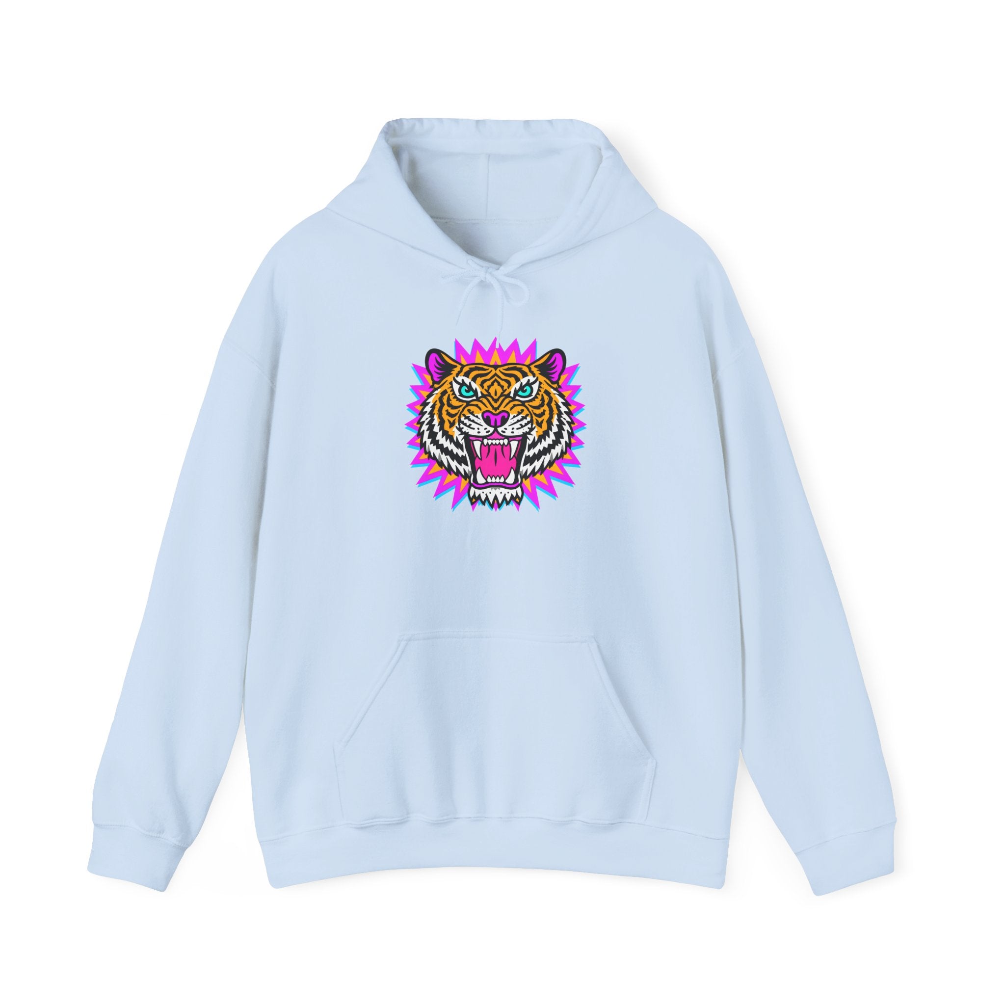 Neon Roaring Tiger Hoodie — Retro Vibrant Tiger Head Graphic