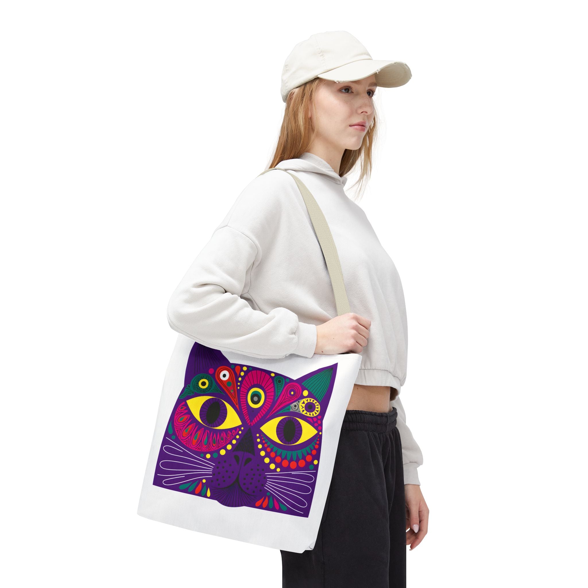 Psychedelic Purple Cat Tote Bag | Colorful Boho Animal Face