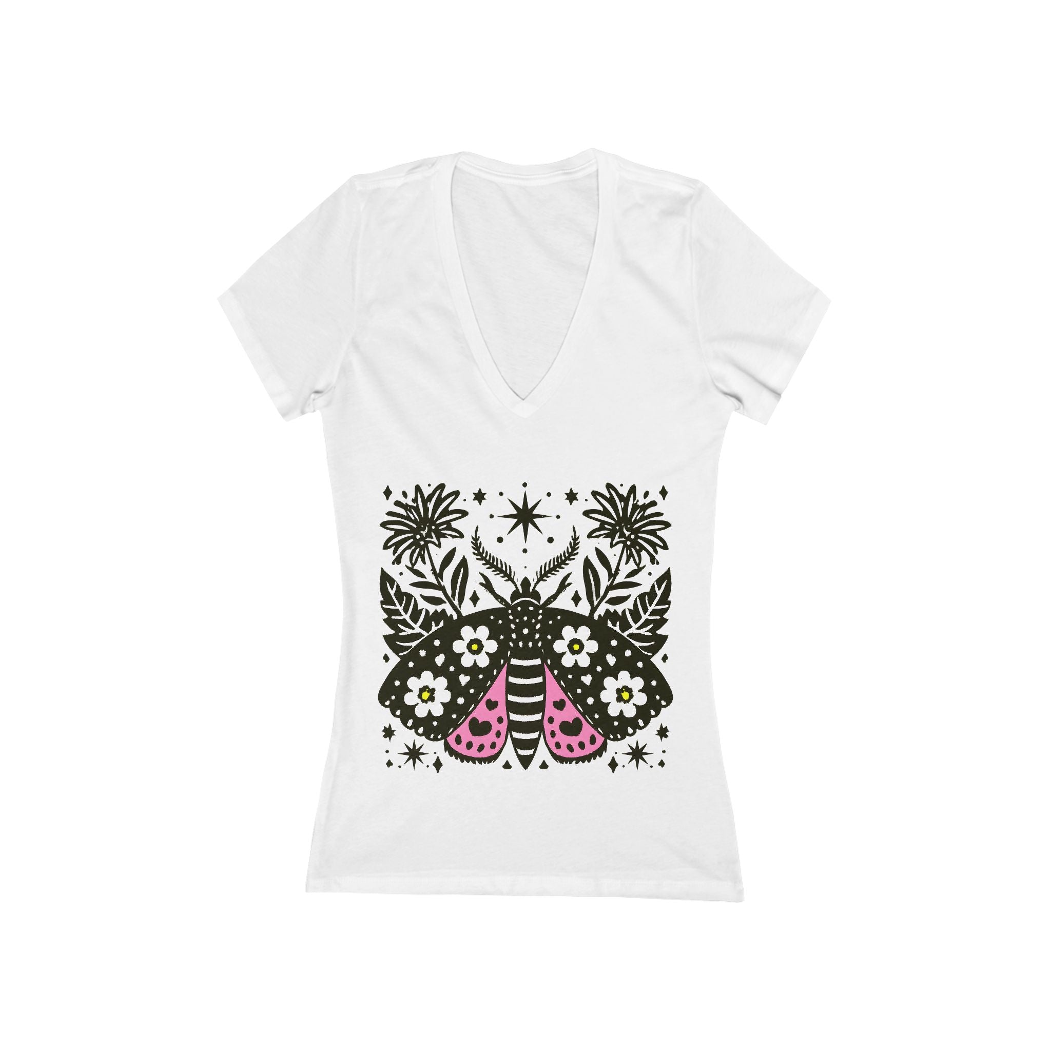Floral Moth Illustration Tee | V-neck T-Shirt, Botanical Butterfly Design