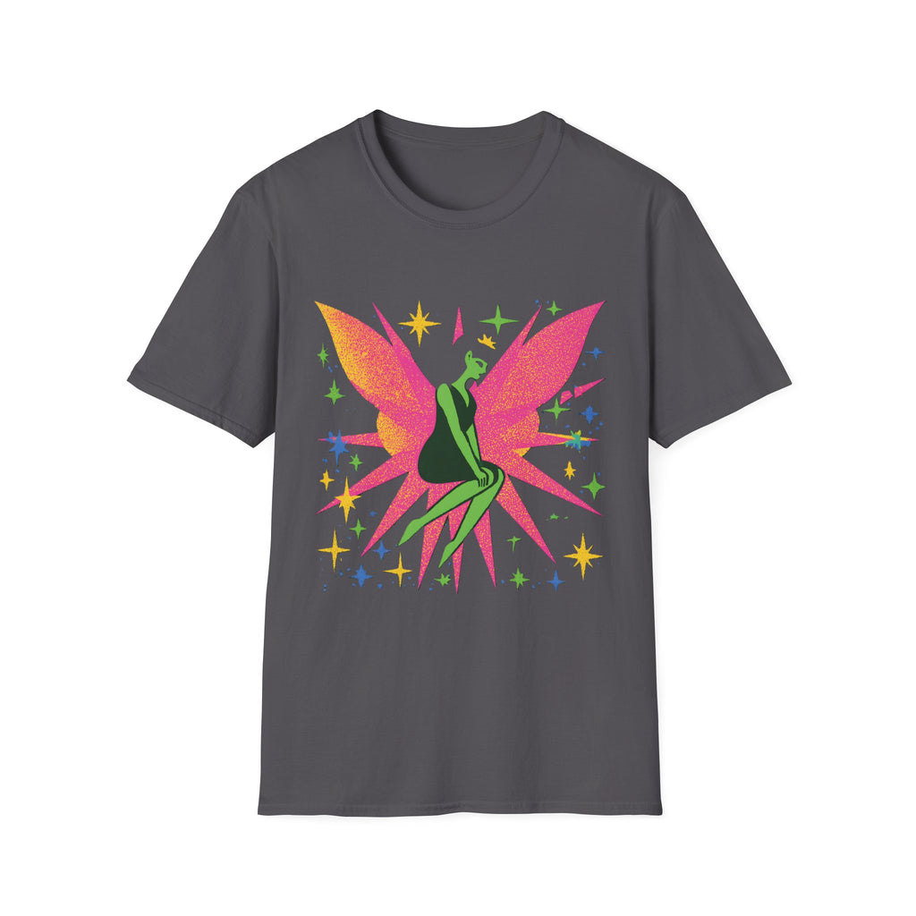 Neon Fairy Silhouette T-Shirt | Pink Wings, Green Figure, Sparkle Stars