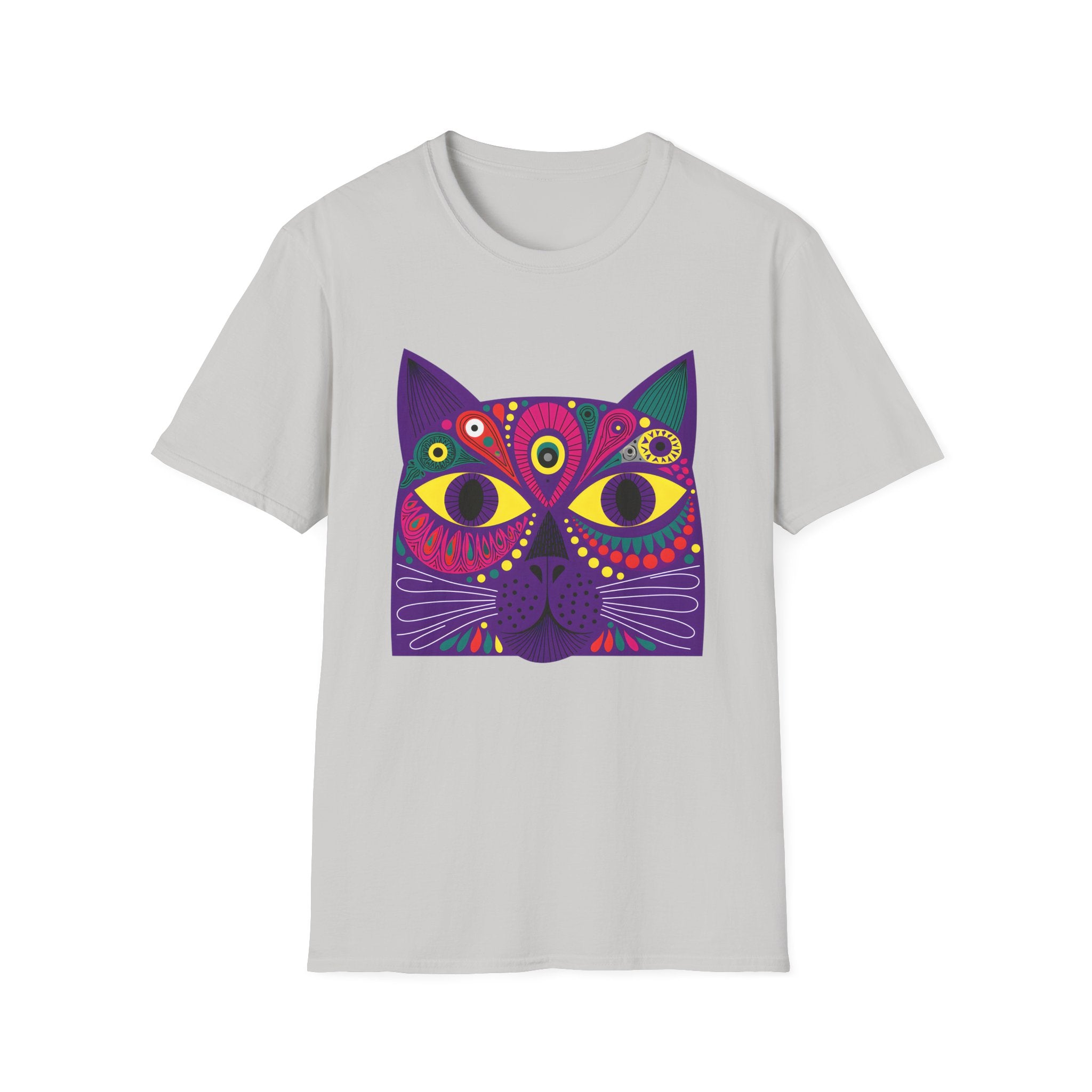 Psychedelic Colorful Cat Face T-Shirt | Vibrant Boho Cat Tee