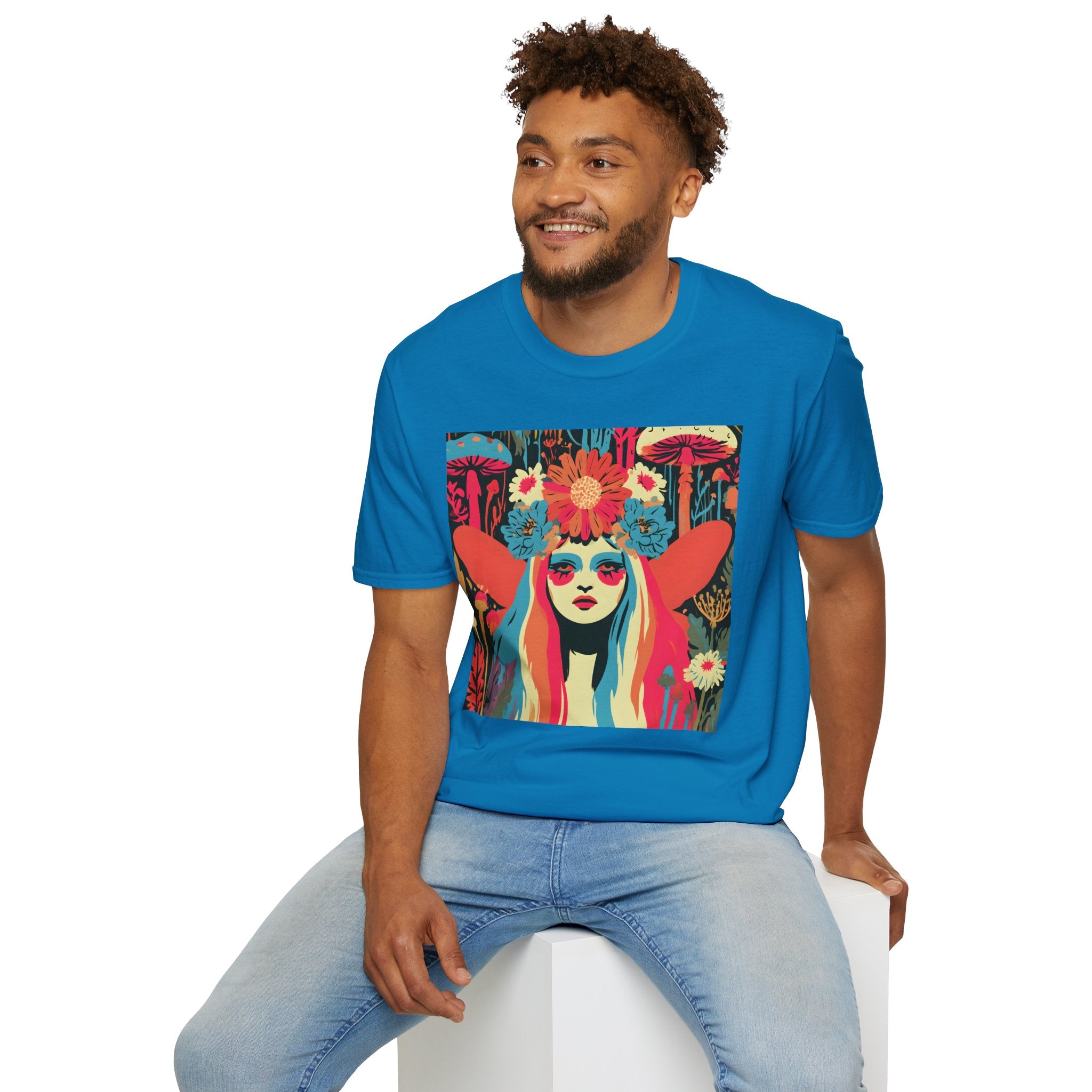 Flower Crown Psychedelic Fairy Girl T-Shirt | Retro Mushroom Art, Boho Portrait