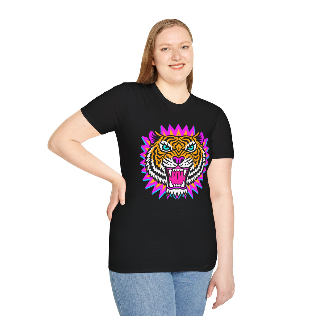 Neon Pop Tiger Head T-Shirt | Retro Tribal Cat Tee