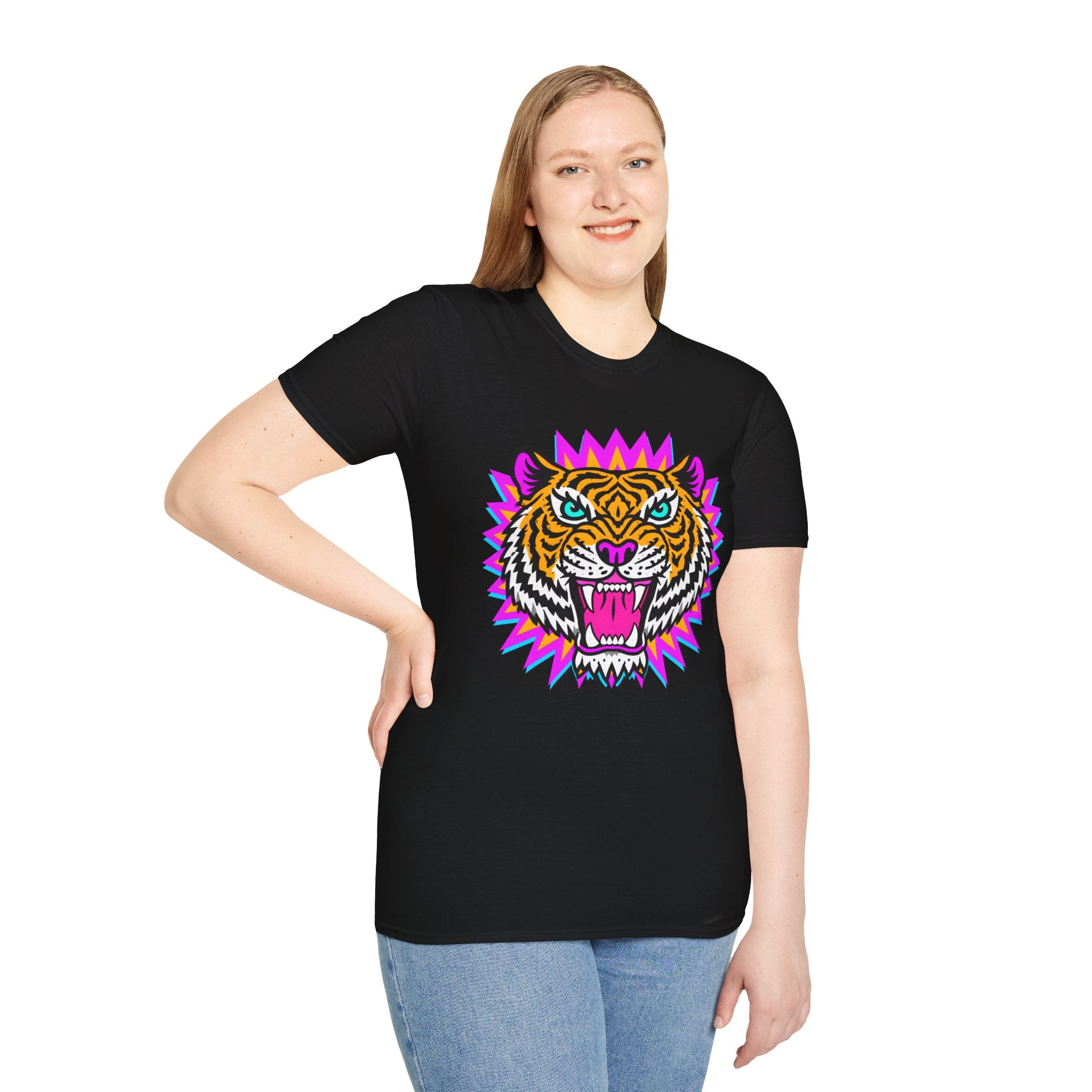 Neon Pop Tiger Head T-Shirt | Retro Tribal Cat Tee